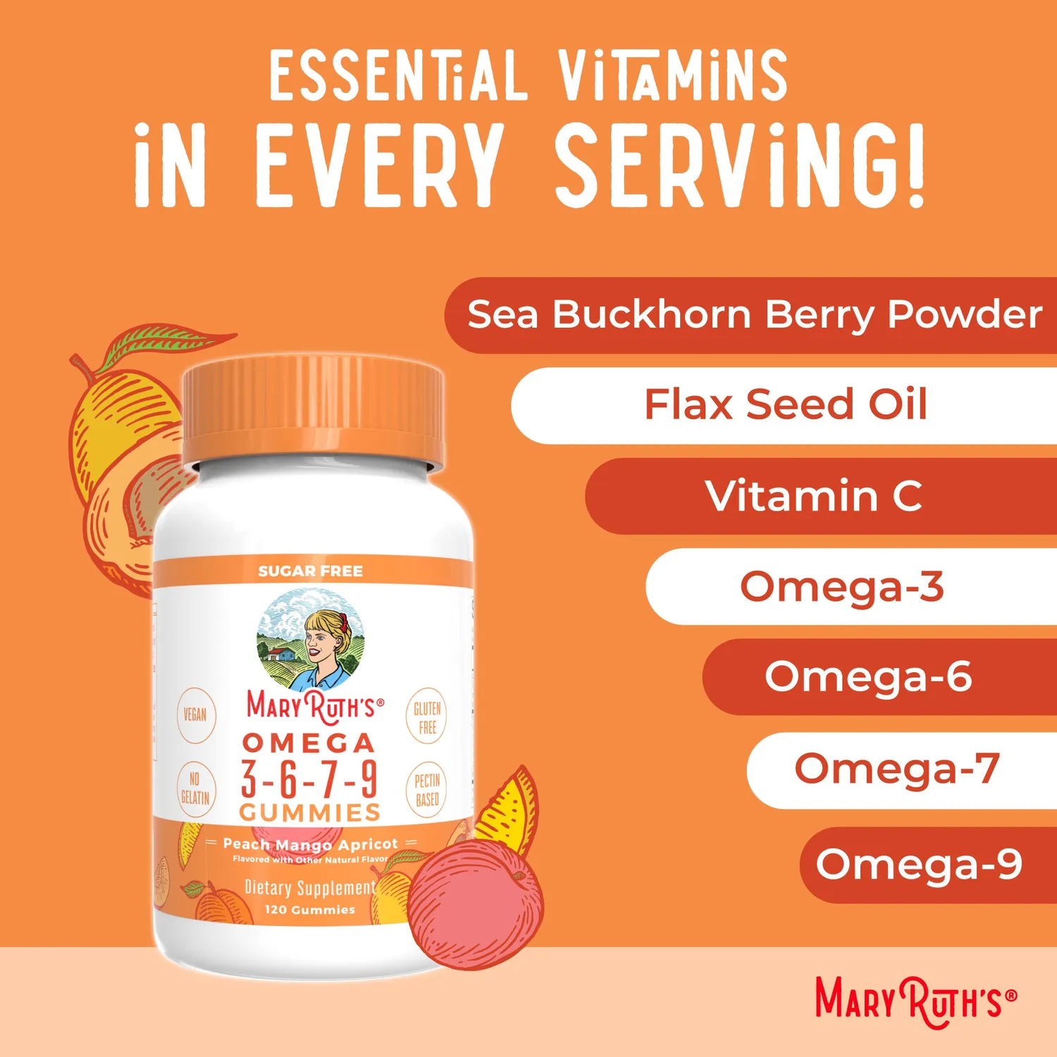 MaryRuth's Omega 3-6-7-9 gummies fersken-mango 120 stk