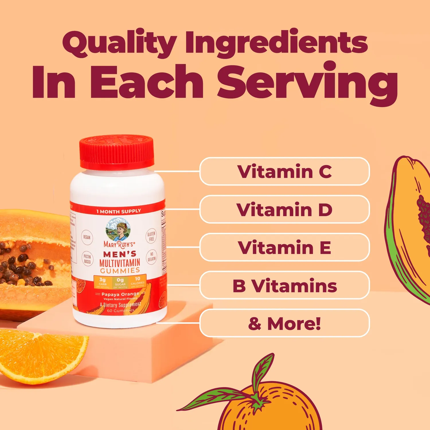 MaryRuth's Men's Multivitamin gummies papaya appelsin