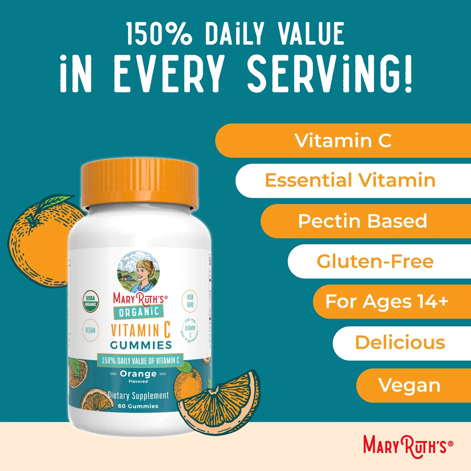 MaryRuth's C-vitamin vingummi appelsin økologisk 135 mg