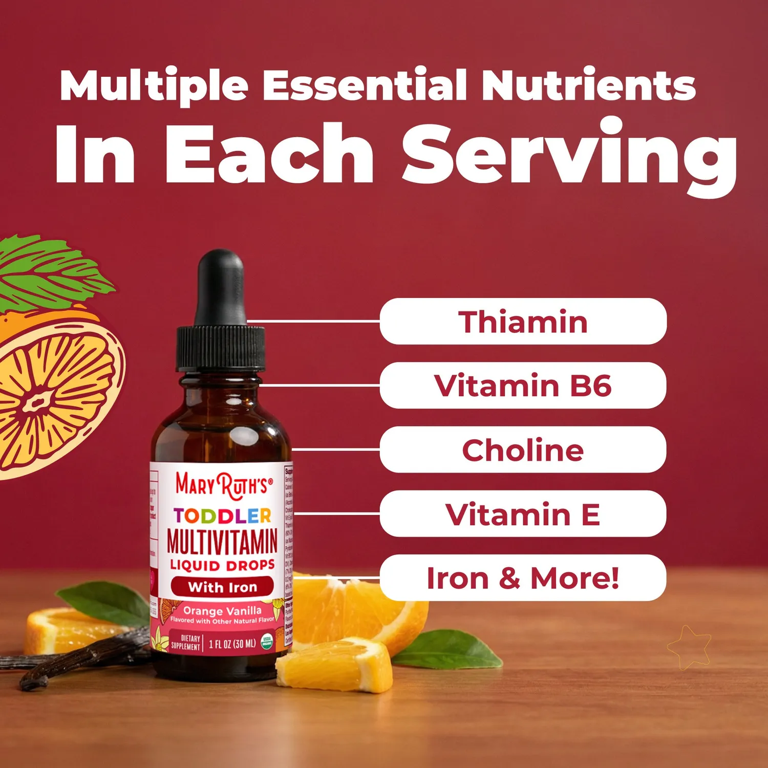 MaryRuth's Organic Toddler Multivitamin Liquid Drops With Iron dråper 2 ml