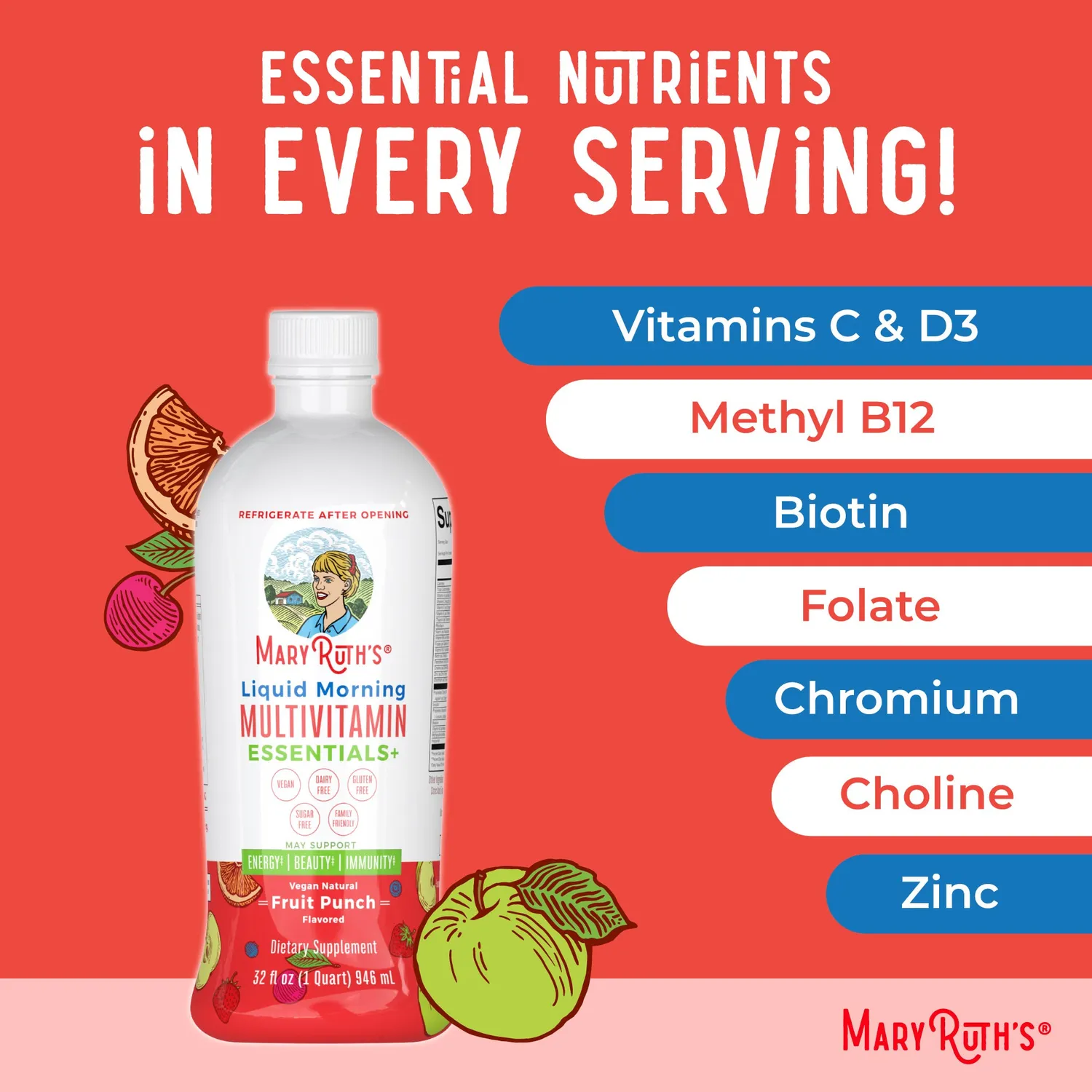 MaryRuth's Essentials+ morgenmultivitamin flytende hyllebær familie