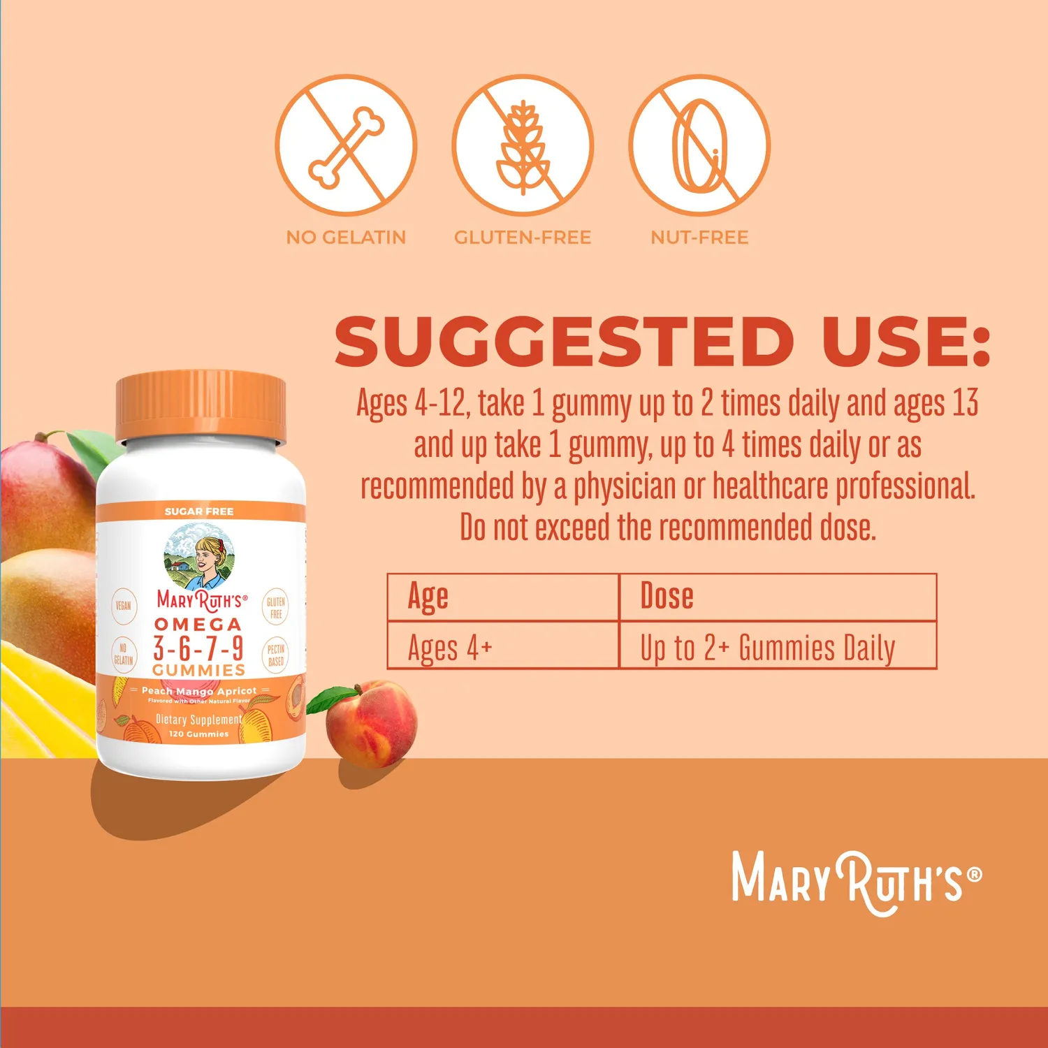MaryRuth's Omega 3-6-7-9 gummies fersken-mango 120 stk