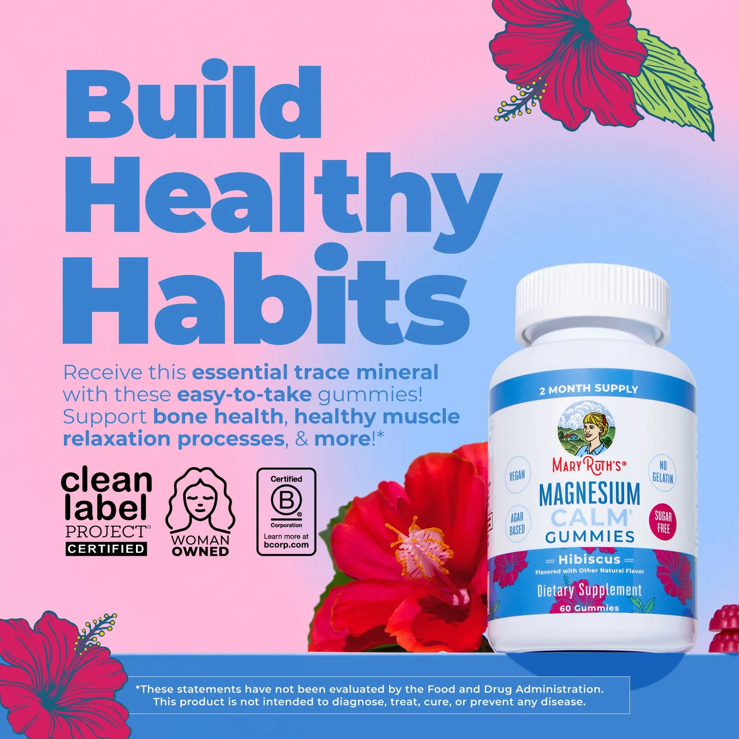 MaryRuth's Magnesium Calm vingummi hibiskus 60 stk magnesiumsitrat