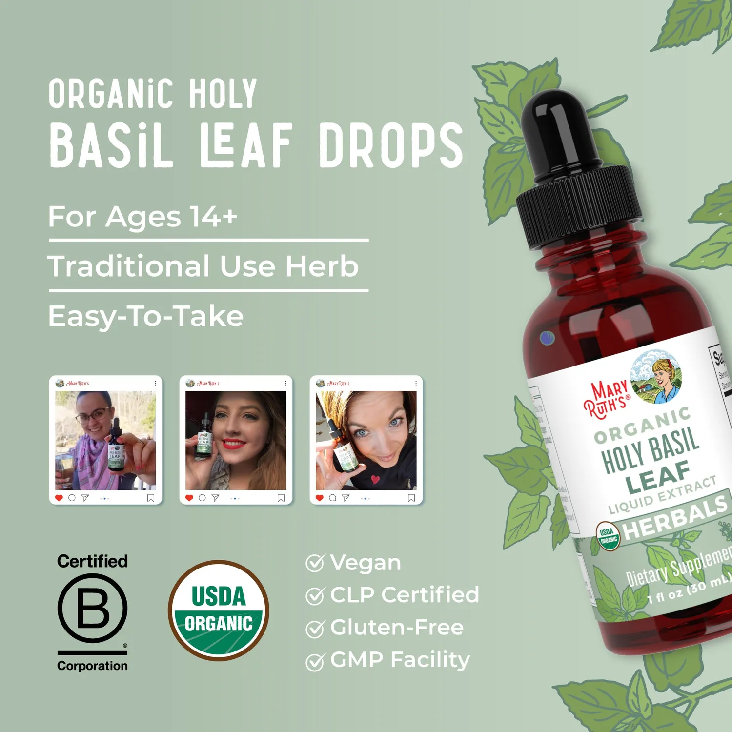 MaryRuth's Holy Basil Leaf urtedråper 30 ml tulsi