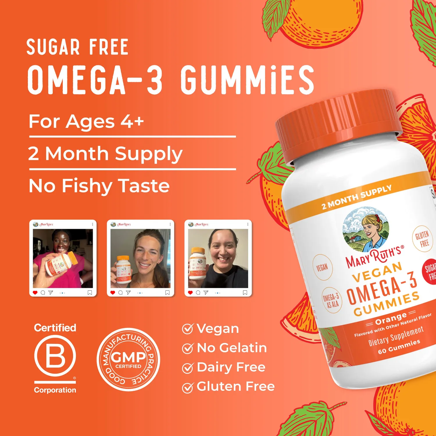 MaryRuth's Vegan Omega-3 gummies appelsin 60 stk linfrø