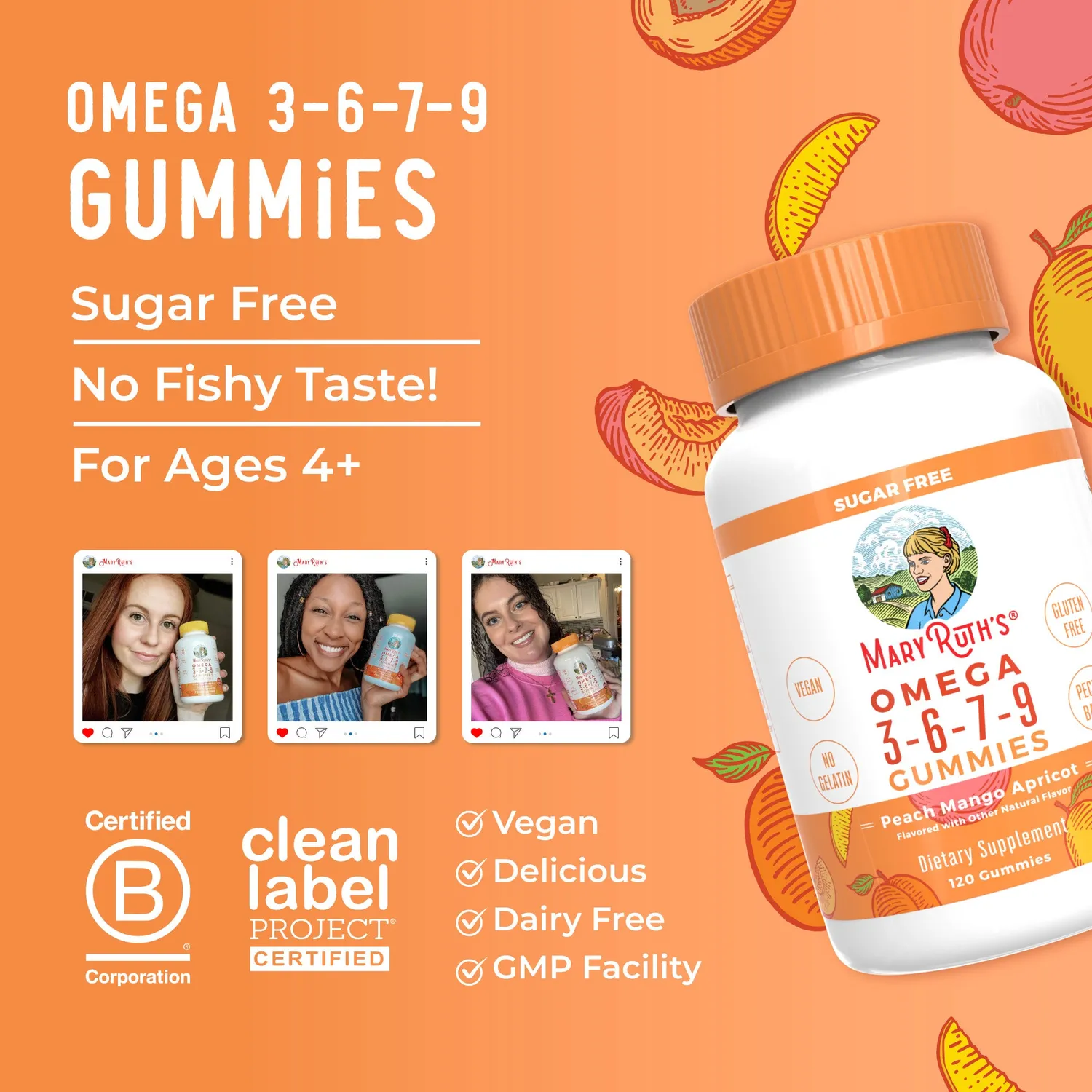 MaryRuth's Omega 3-6-7-9 gummies fersken-mango 120 stk