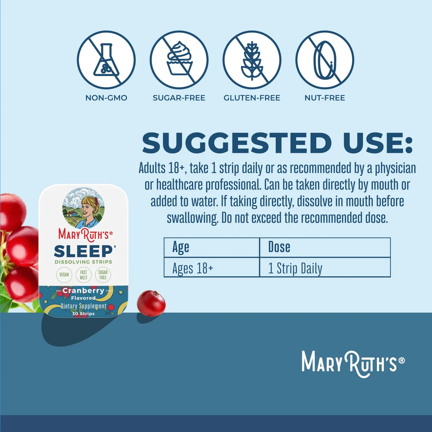 MaryRuth's Sleep Dissolving Strips sovestrips tranebær 30