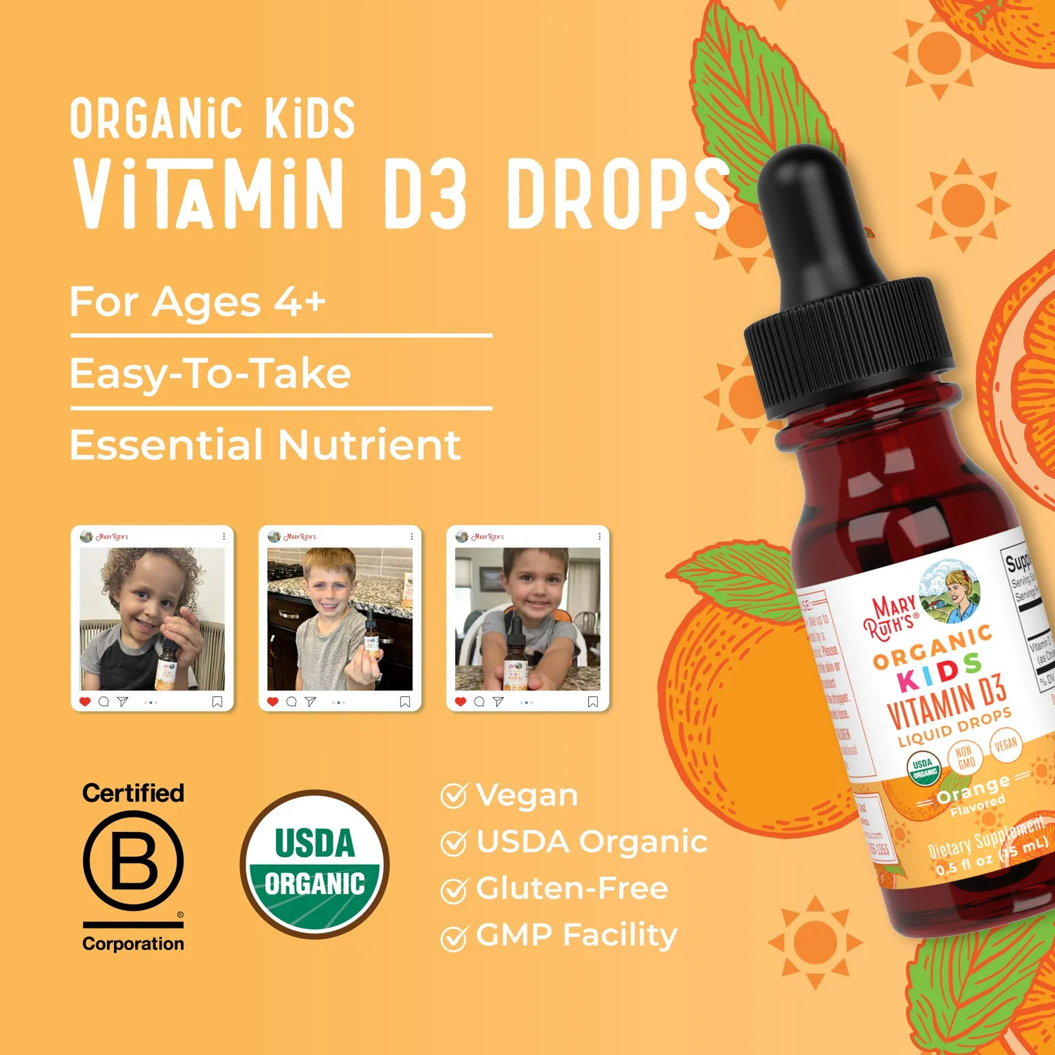 MaryRuth's Organic Kids D3 dråper appelsin 30 doser