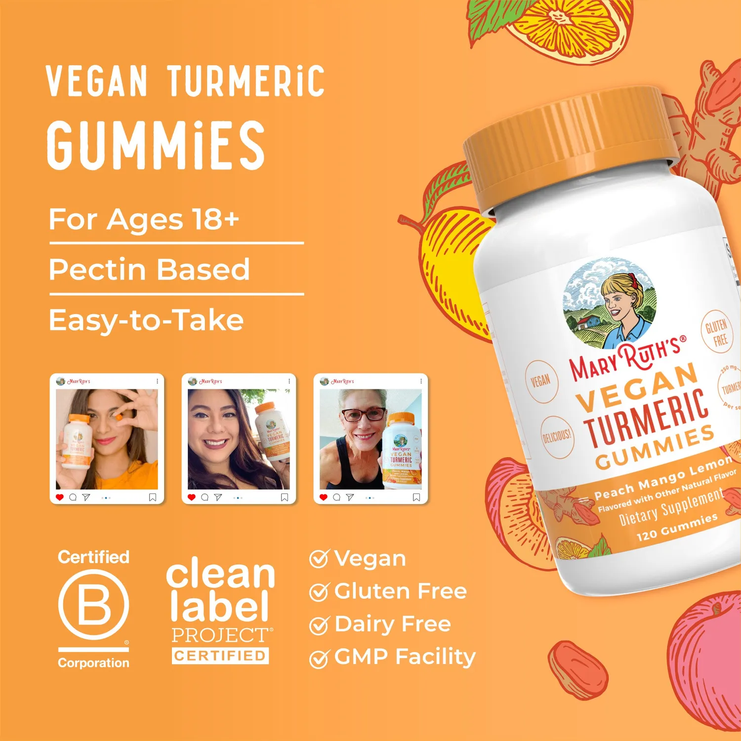 MaryRuth's Turmeric gummies fersken mango 30 porsjoner