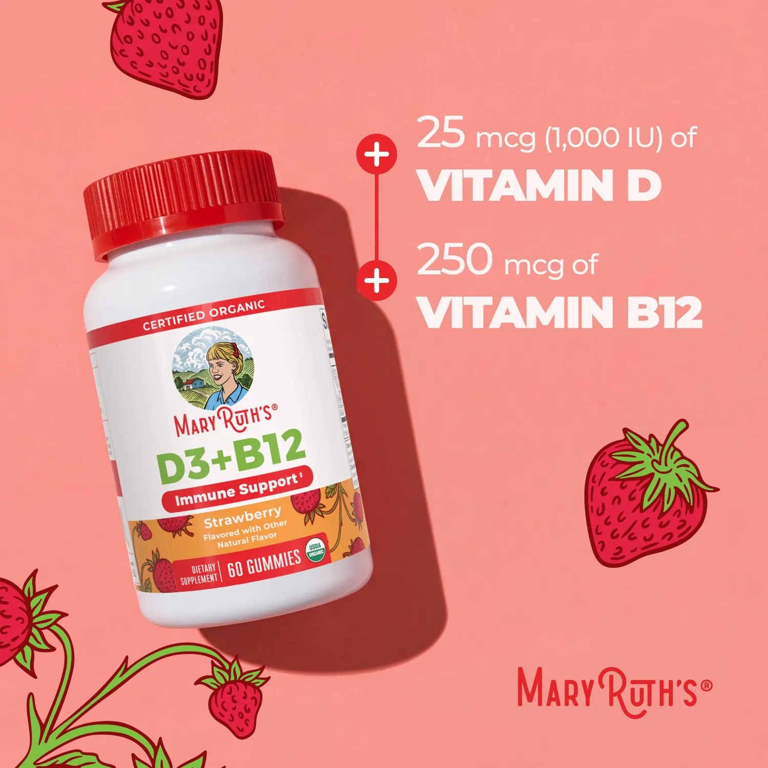 MaryRuth's Organic D3+B12 vingummi jordbær metylkobalamin