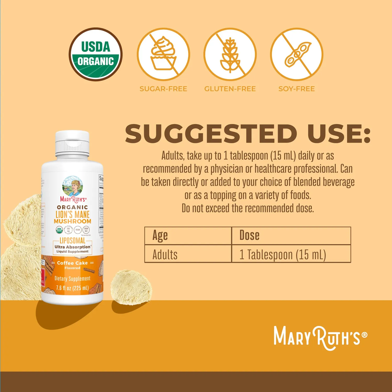 MaryRuth's Organic Lion's Mane Liposomal sopp kaffekake
