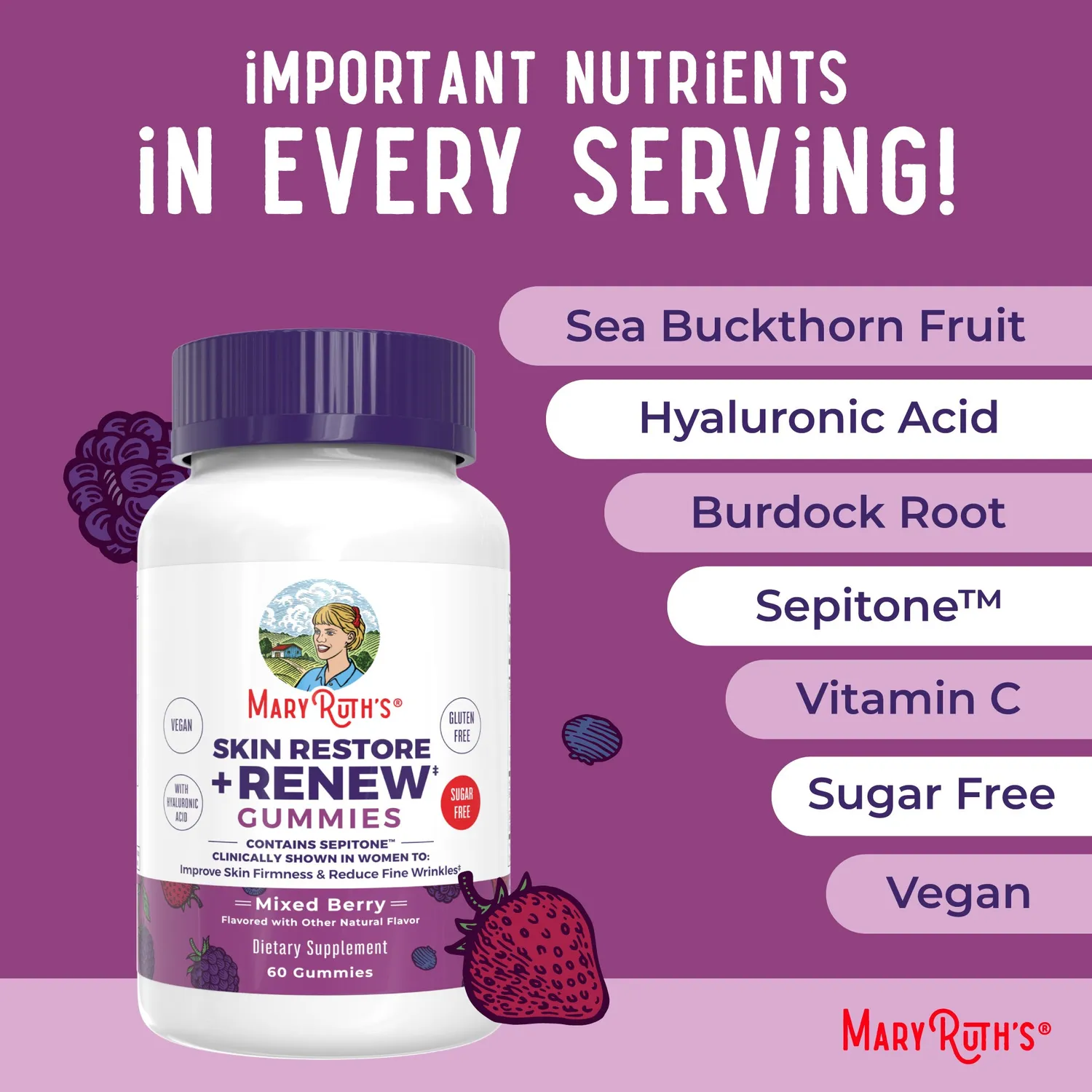 MaryRuth's Skin Restore Renew gummies hud bær hyaluron