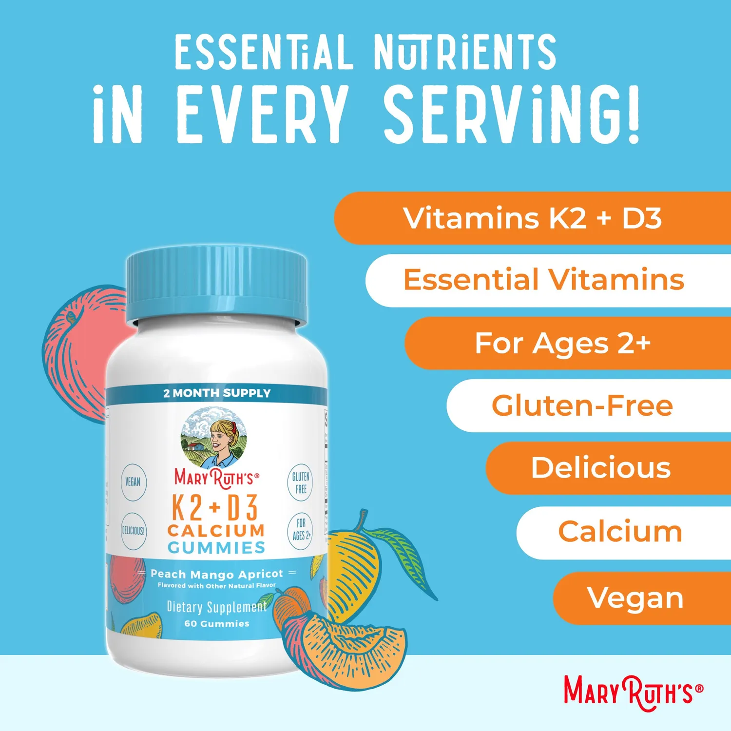 MaryRuth's K2+D3 kalsium gummies fersken 60 stk