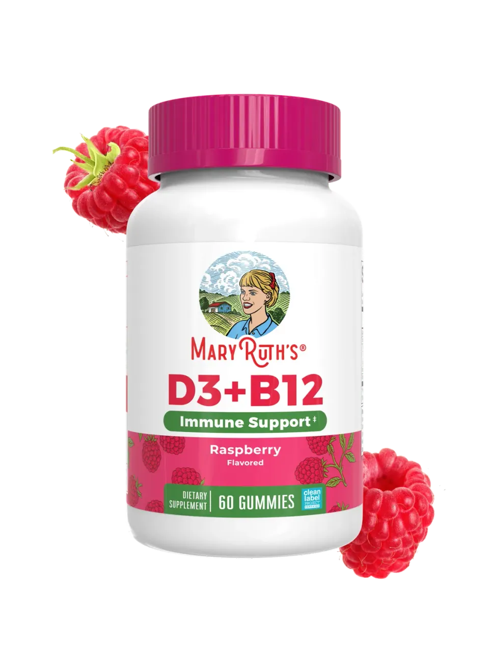 MaryRuth's D3 + B12 vingummi sukkerfri bringebær