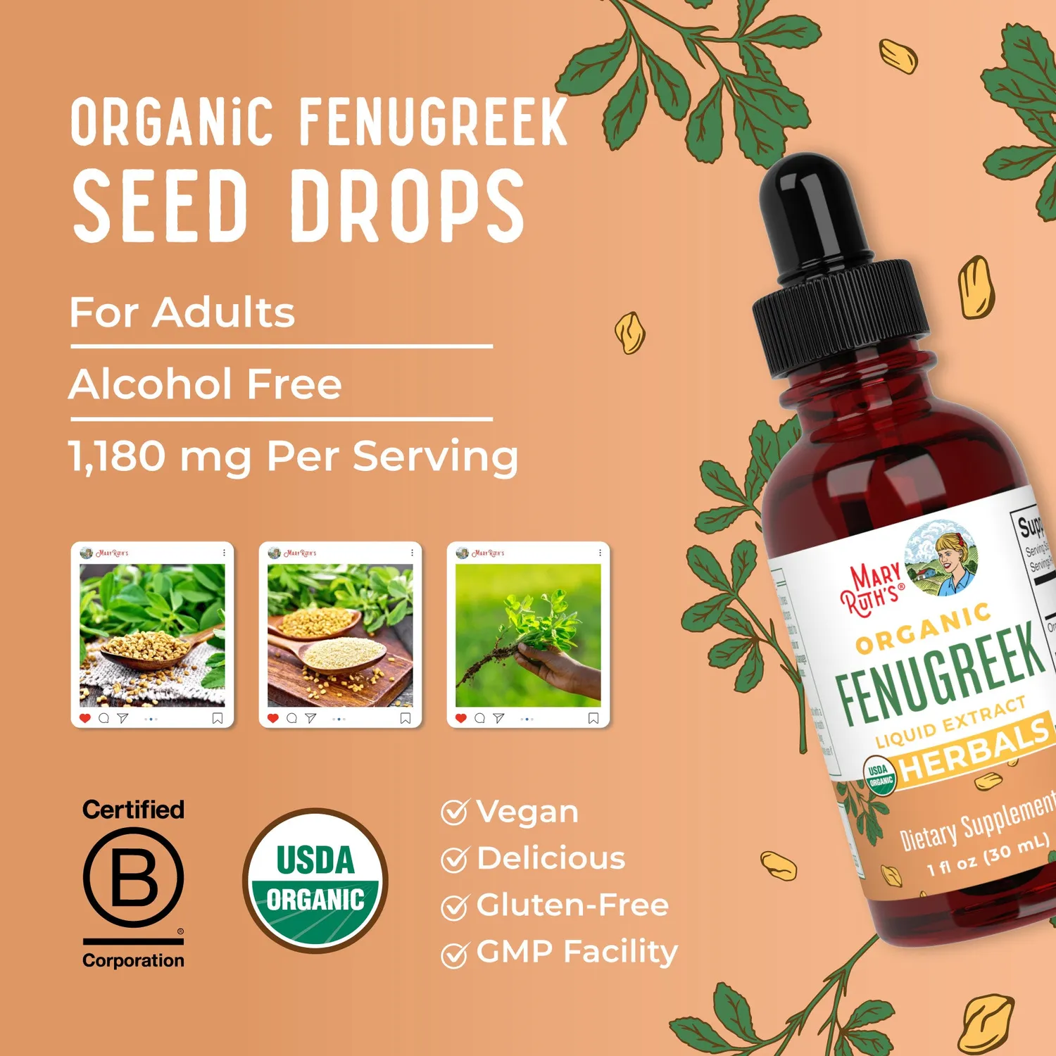 MaryRuth's Fenugreek dråper økologisk 1180 mg