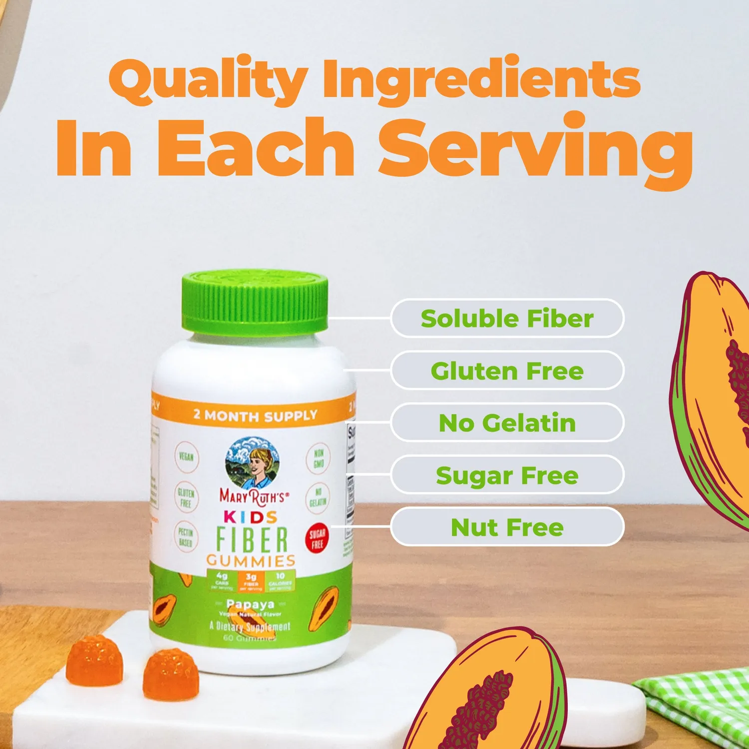 MaryRuth's Kids Fiber Gummies fibergummi papaya 60 stk sukkerfri