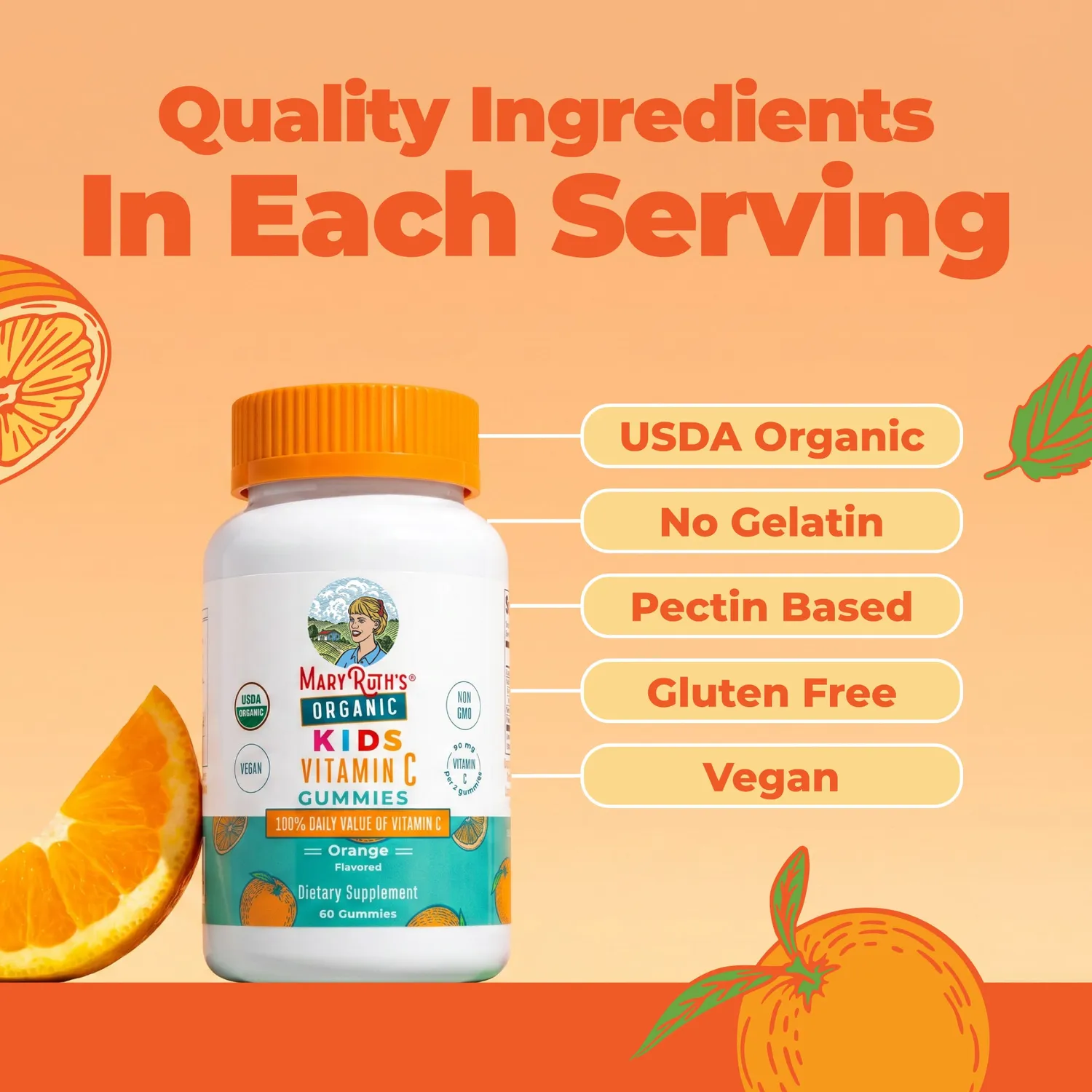 MaryRuth's Organic Kids Vitamin C Gummies tyggetablett appelsin 60 stk