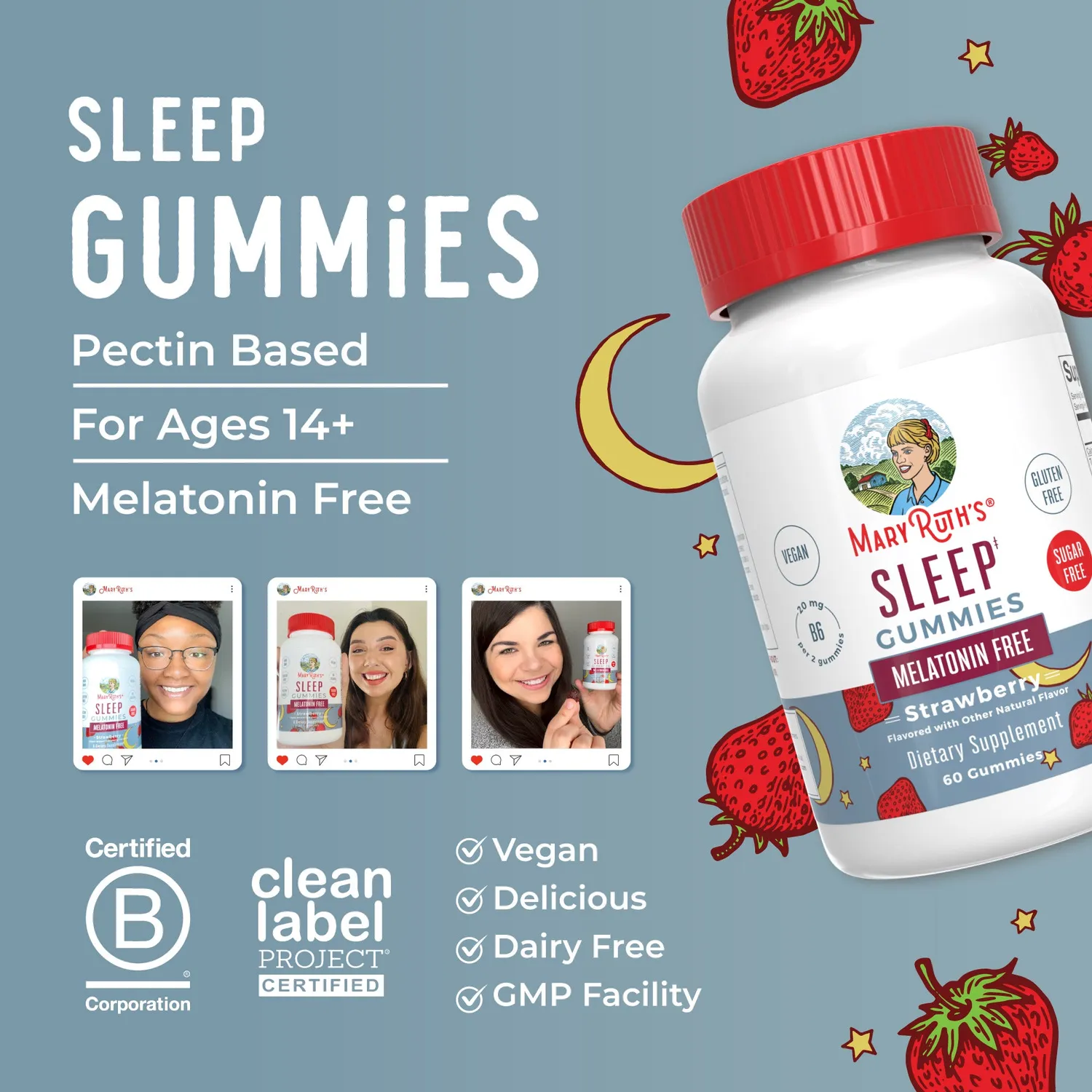 MaryRuth's Melatonin Free Sleep Gummies jordbær 60 stk