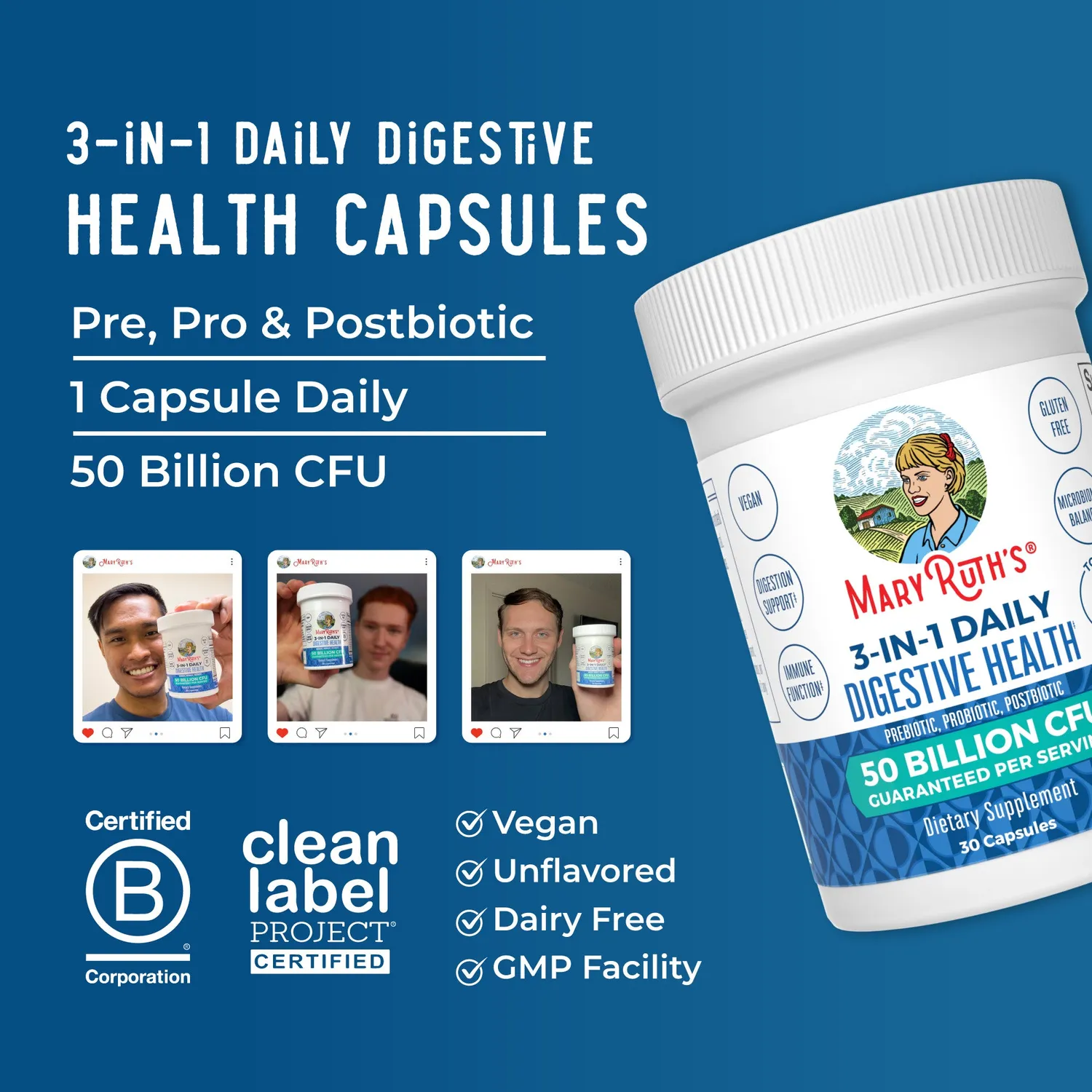 MaryRuth's 3-in-1 Daily Digestive Health kapsler 1 stk prebiotika