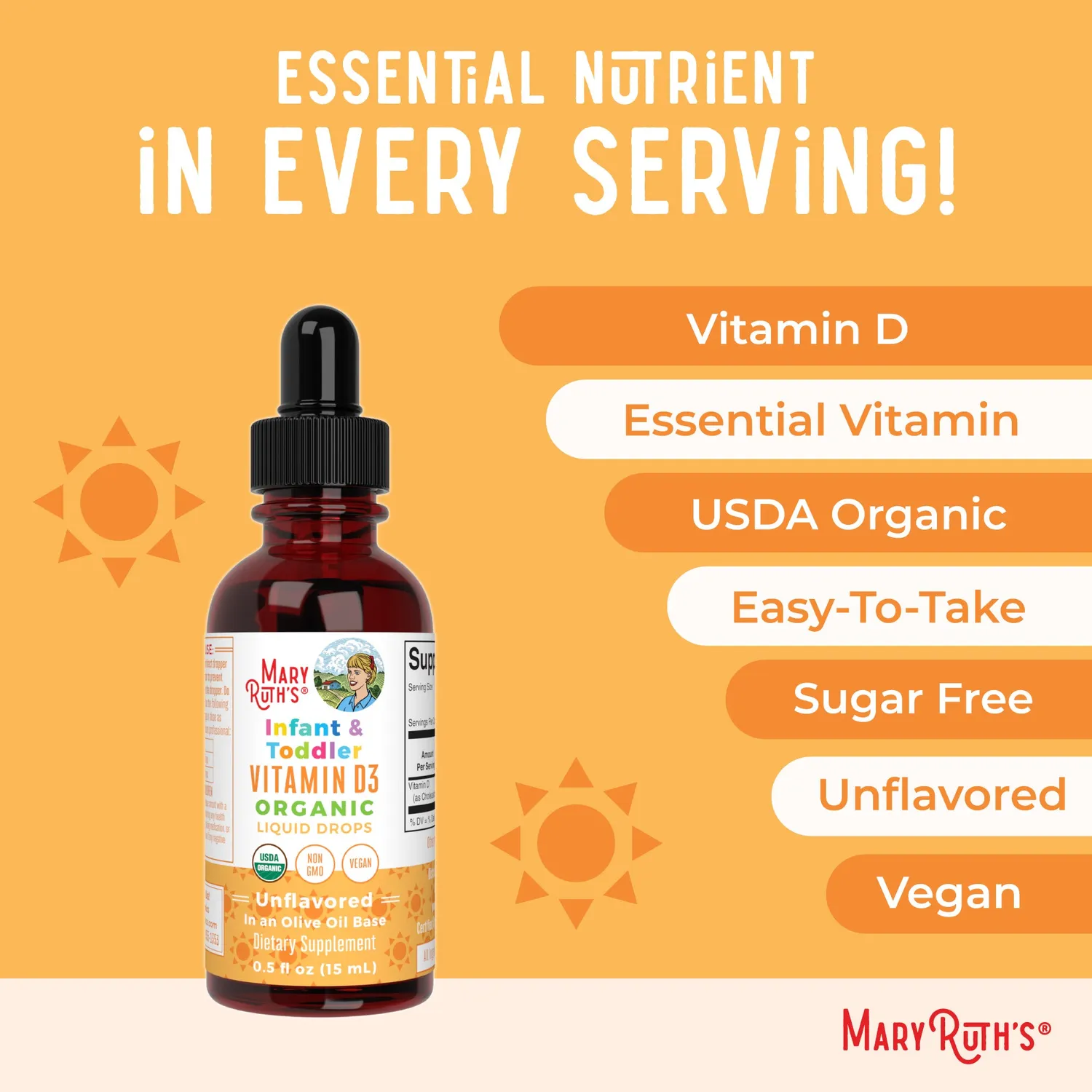 MaryRuth's Infant Toddler Vitamin D3 dråper 90 doser smakfri