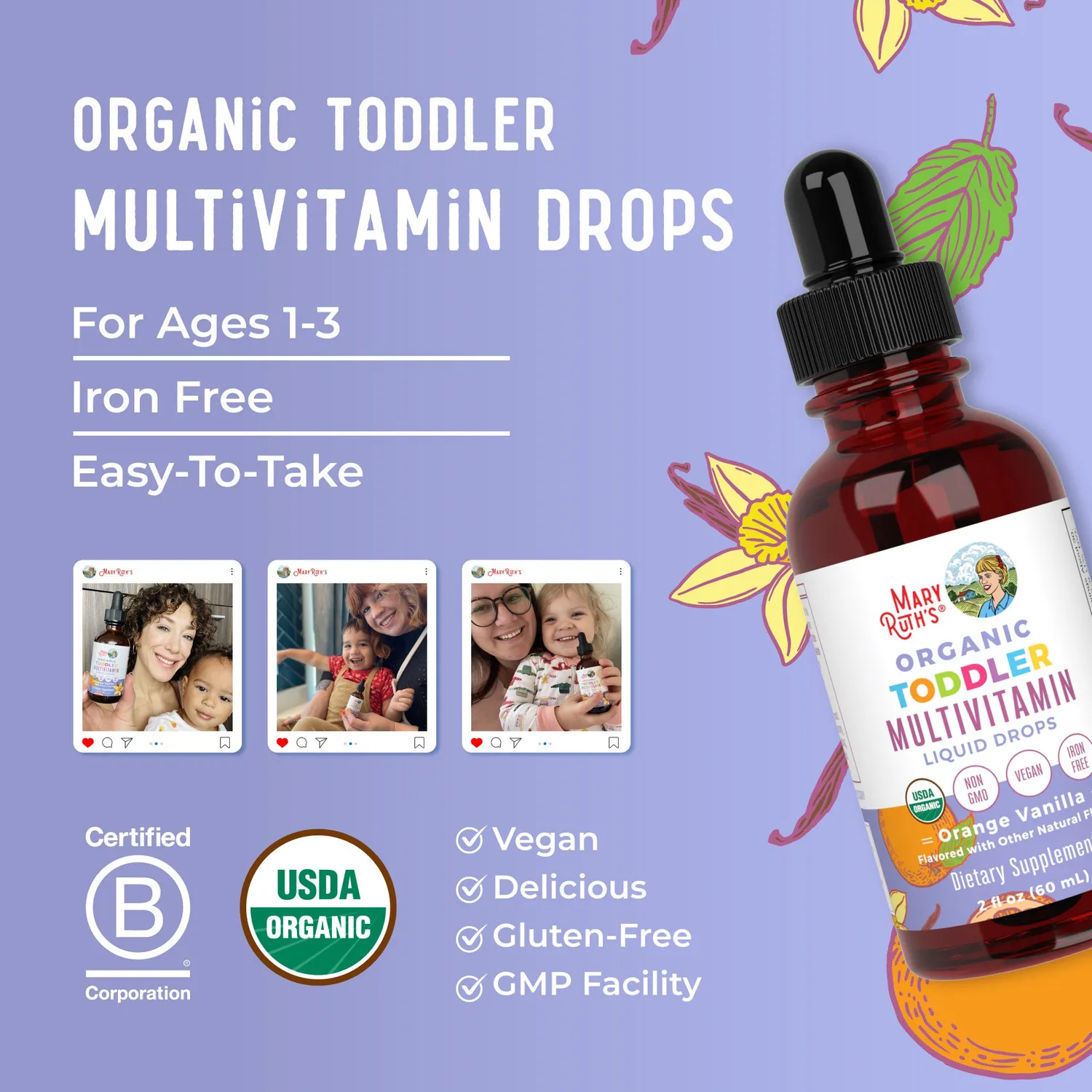 MaryRuth's Toddler multivitamindråper appelsin-vanilje 30 doser D3