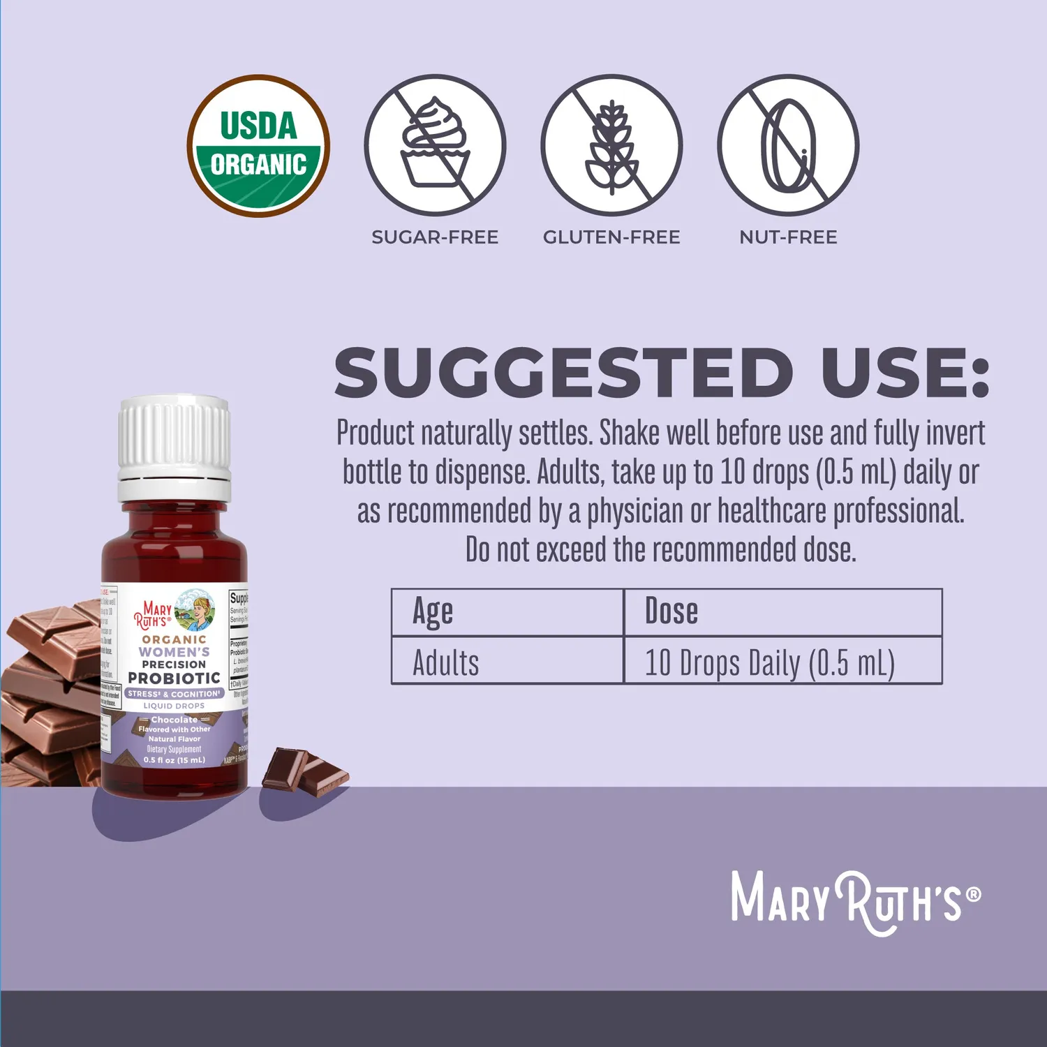 MaryRuth's Women's Precision Probiotika dråper sjokolade stress