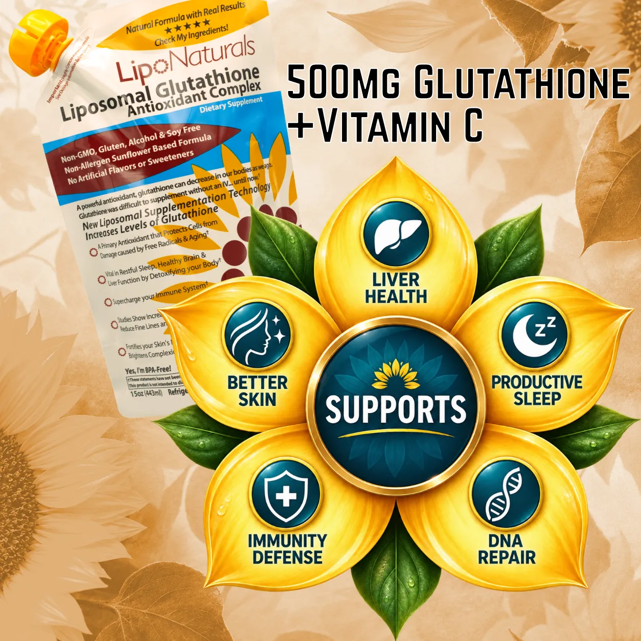 LipoNaturals Glutathione Complex flytende 15oz 30 doser C-vitamin