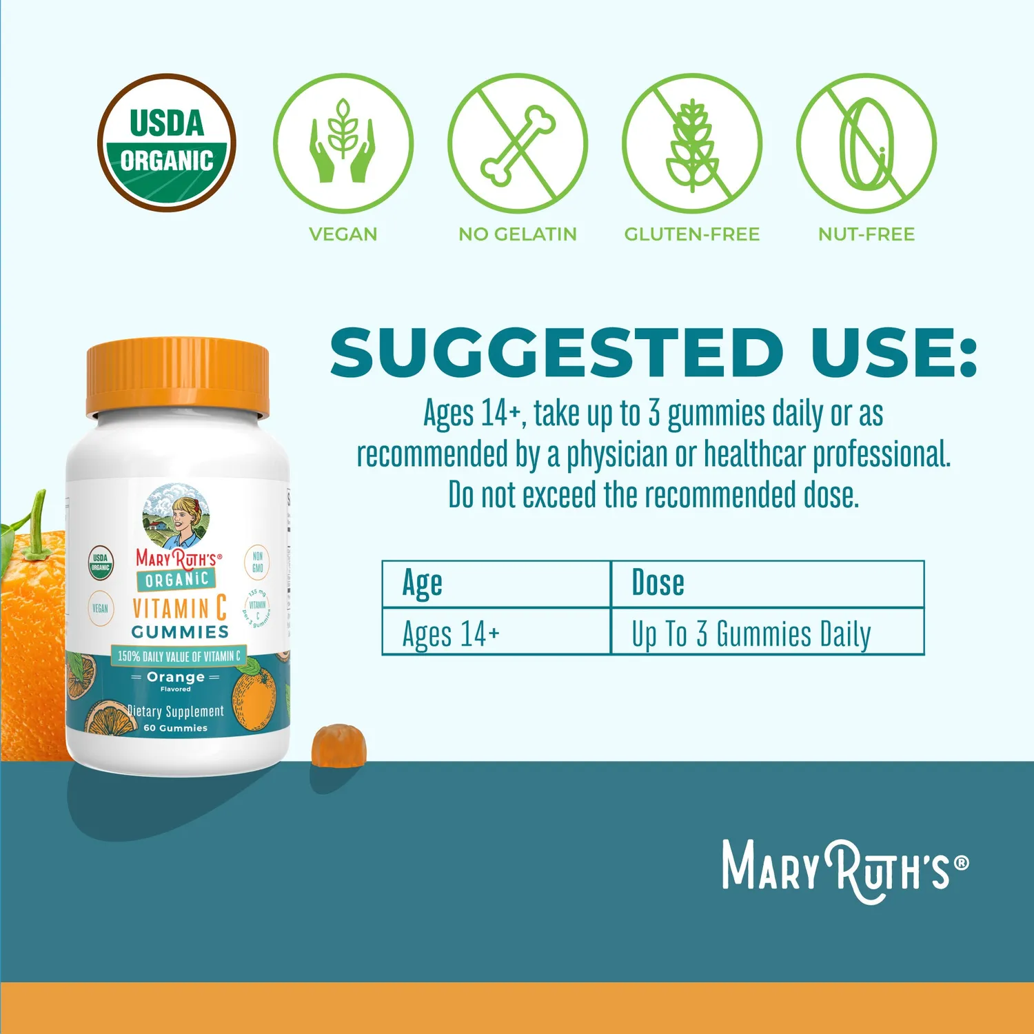 MaryRuth's C-vitamin vingummi appelsin økologisk 135 mg