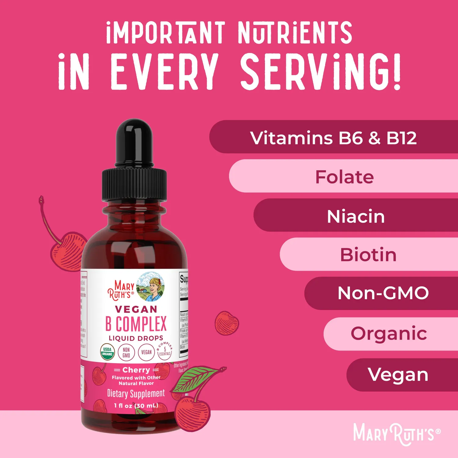 MaryRuth's Vegan B-Complex dråper kirsebær 60 doser B12