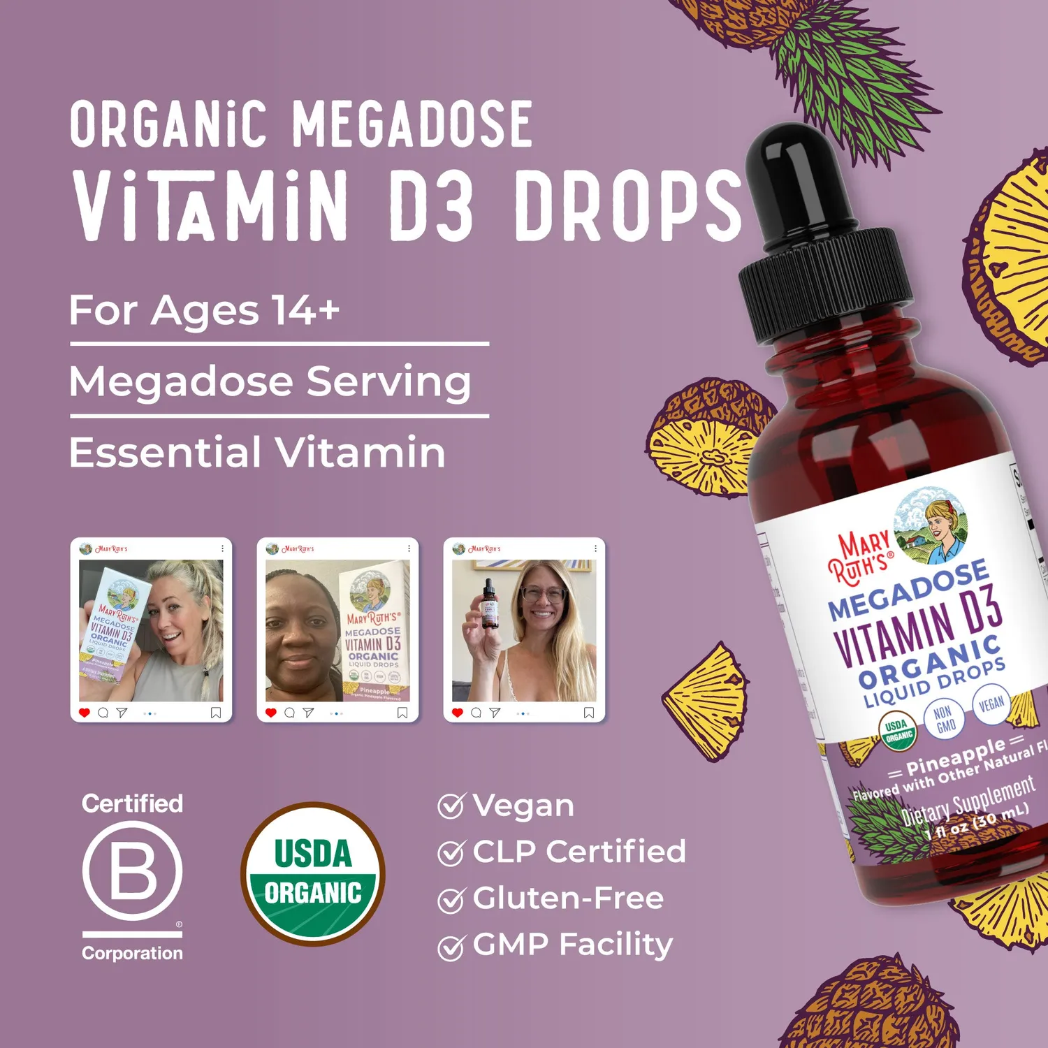MaryRuth's Megadose D3 dråper ananas 30 doser 4000 IE vegan