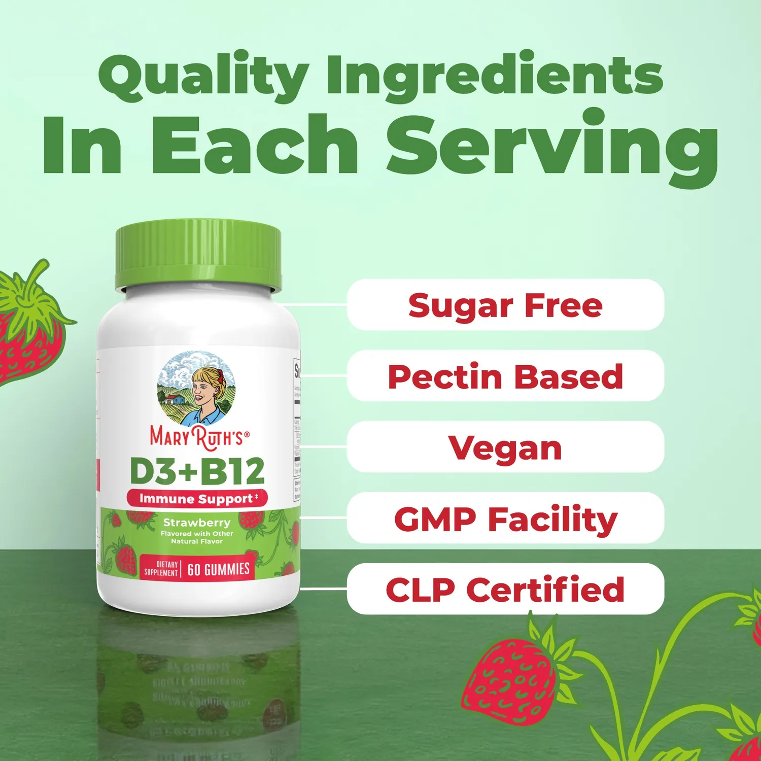 MaryRuth's D3 + B12 Gummies jordbær vingummi daglig