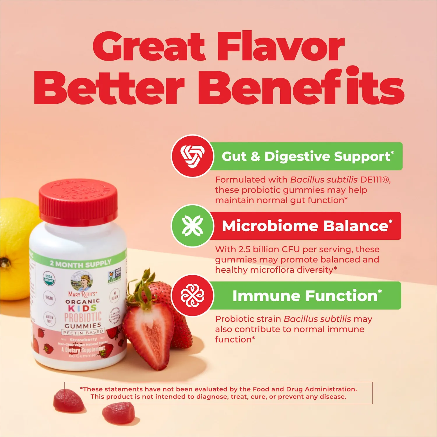 MaryRuth's Organic Kids Probiotic gummies jordbær 60 stk