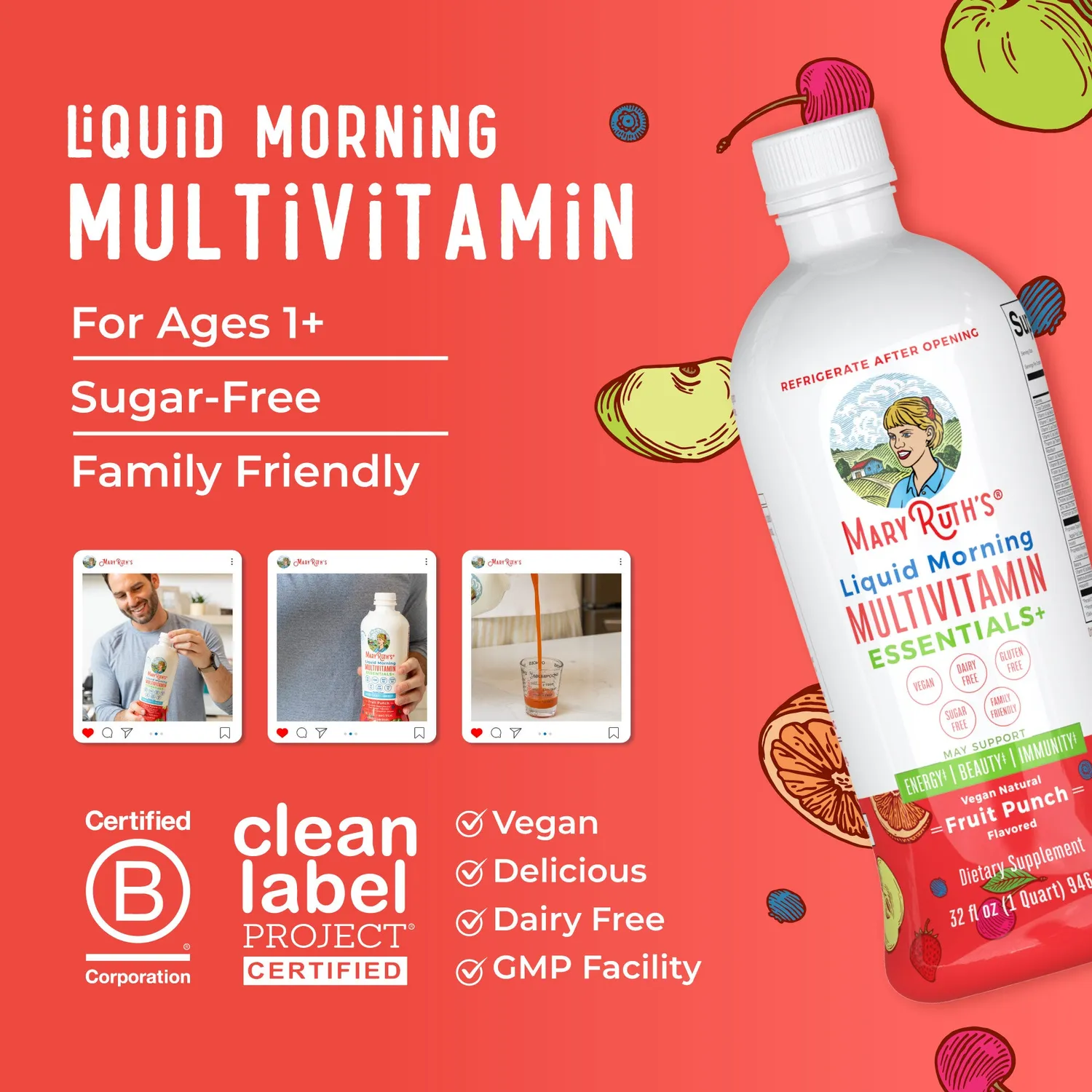MaryRuth's Essentials+ morgenmultivitamin flytende hyllebær familie