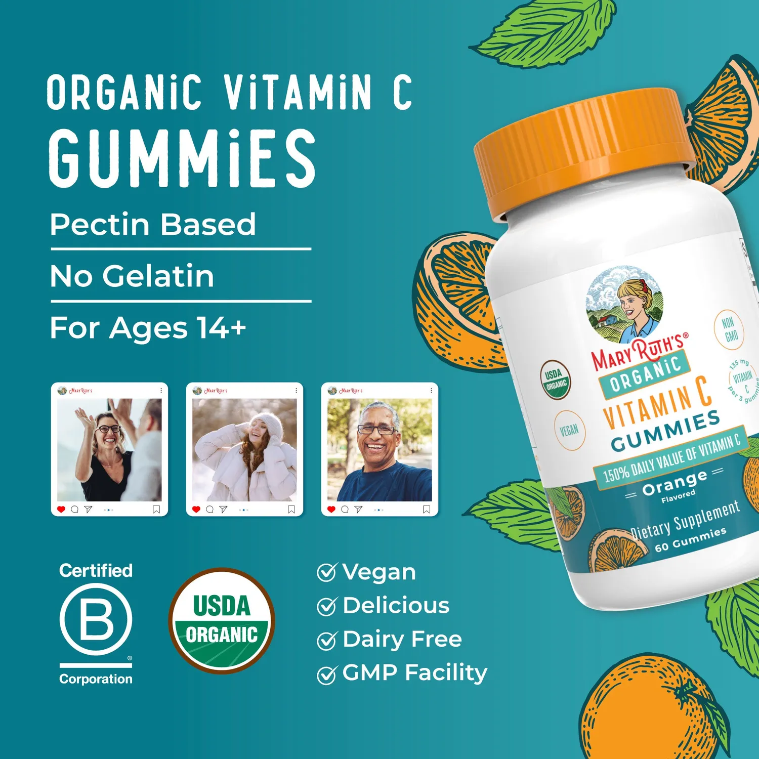 MaryRuth's C-vitamin vingummi appelsin økologisk 135 mg
