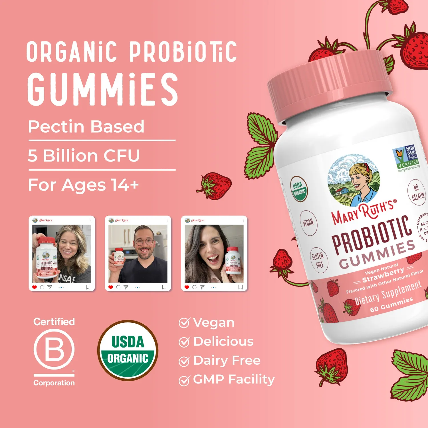 MaryRuth's Probiotic vingummi jordbær 30 doser økologisk