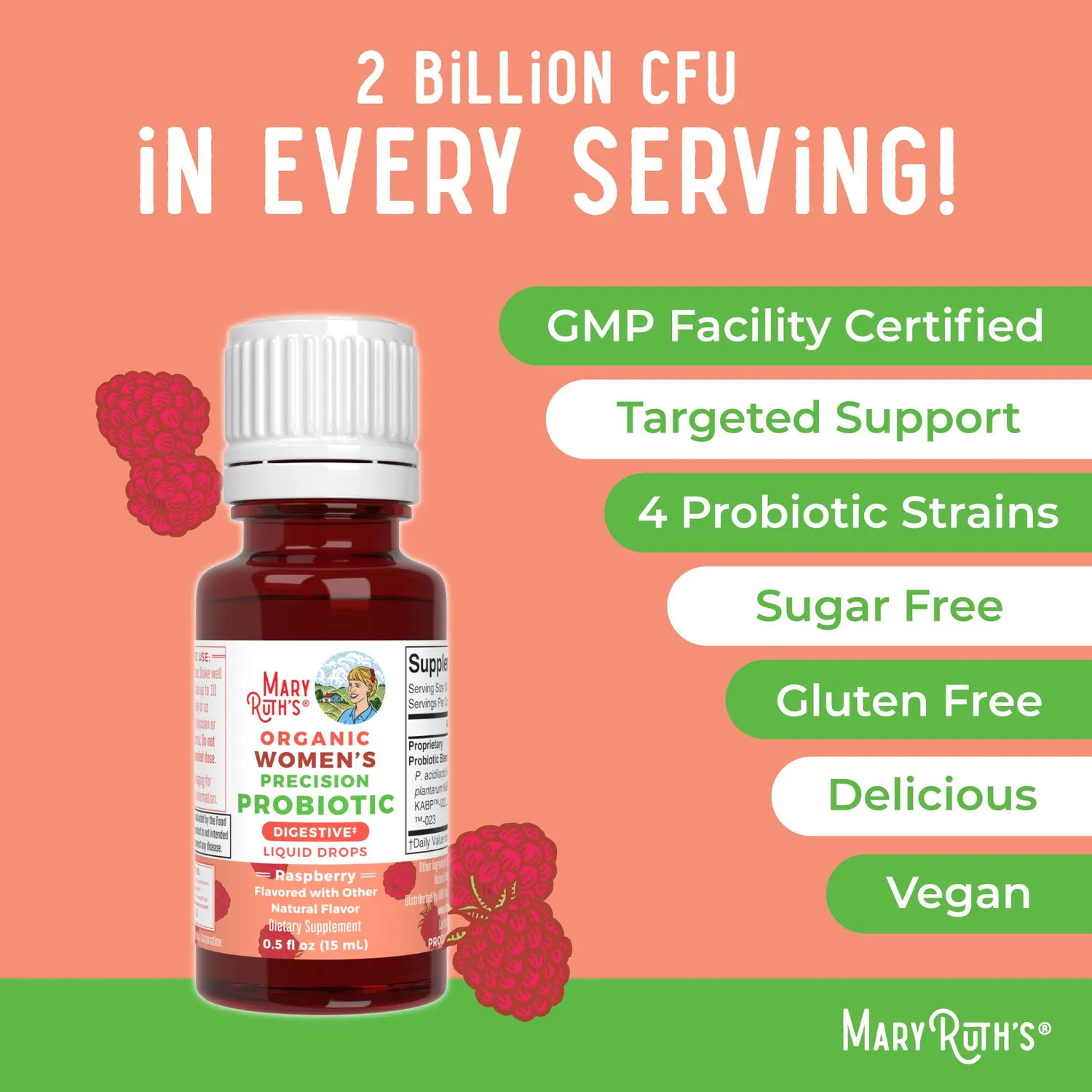 MaryRuth's Women's Probiotic dråper bringebær 4 stammer