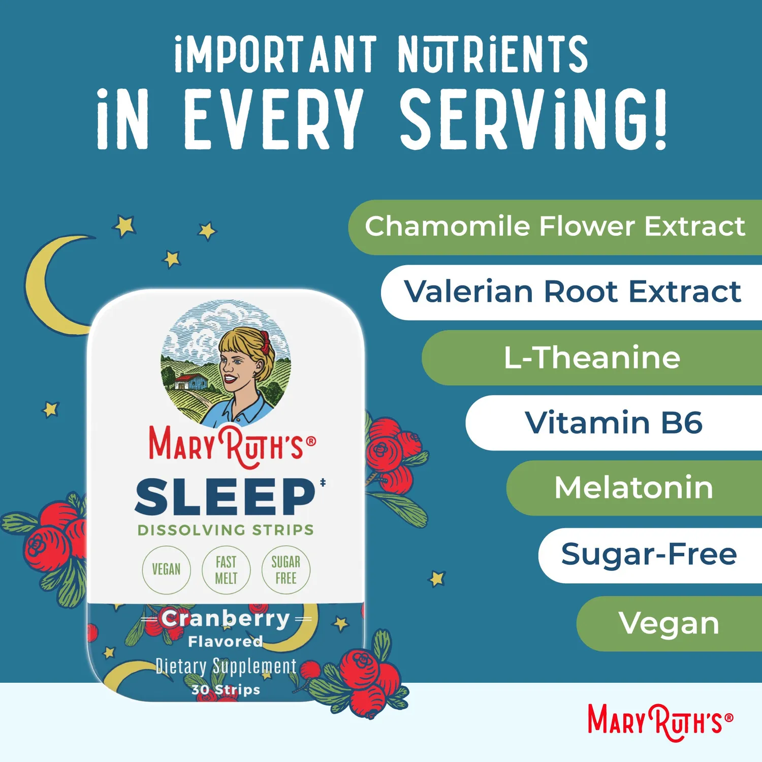 MaryRuth's Sleep Dissolving Strips sovestrips tranebær 30