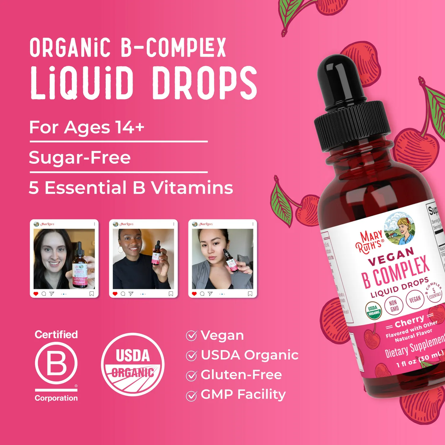 MaryRuth's Vegan B-Complex dråper kirsebær 60 doser B12
