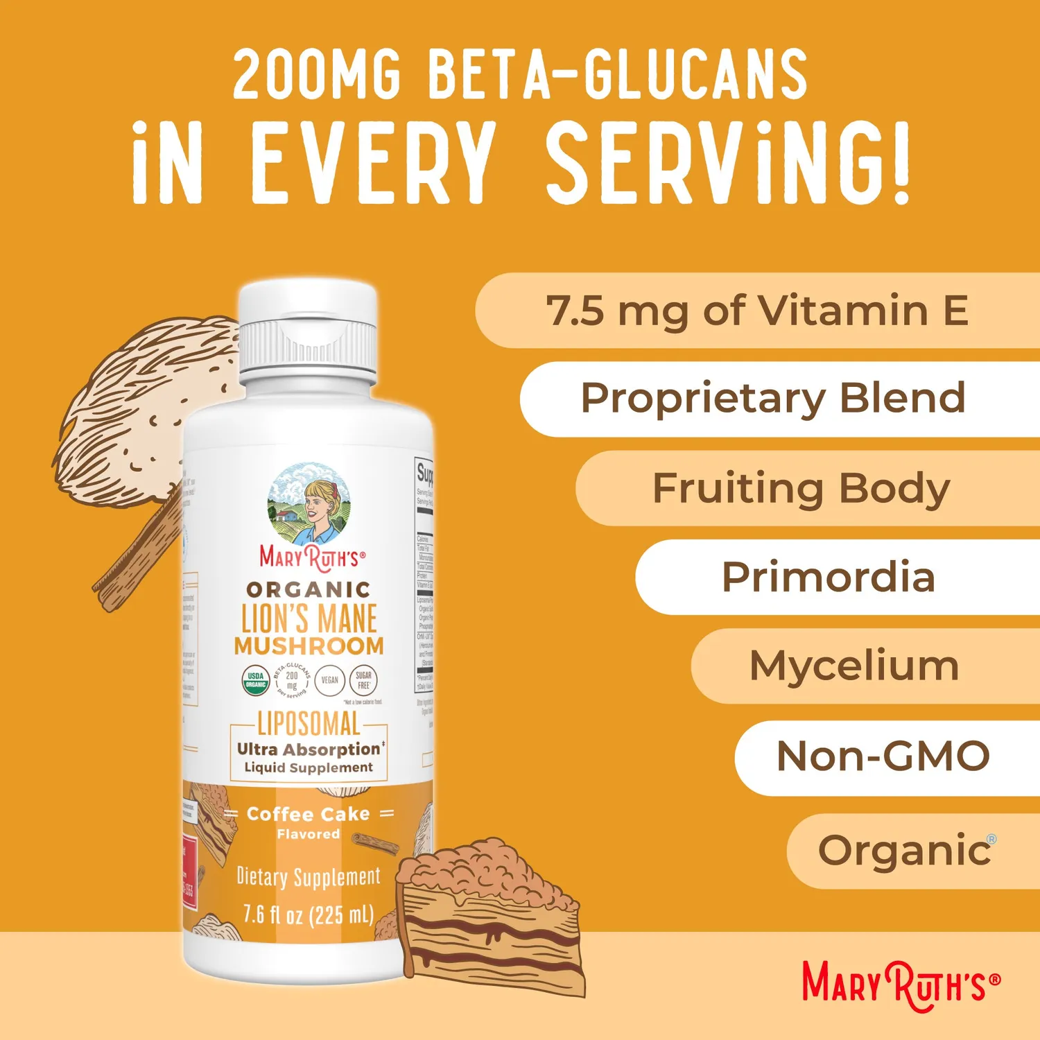 MaryRuth's Organic Lion's Mane Liposomal sopp kaffekake