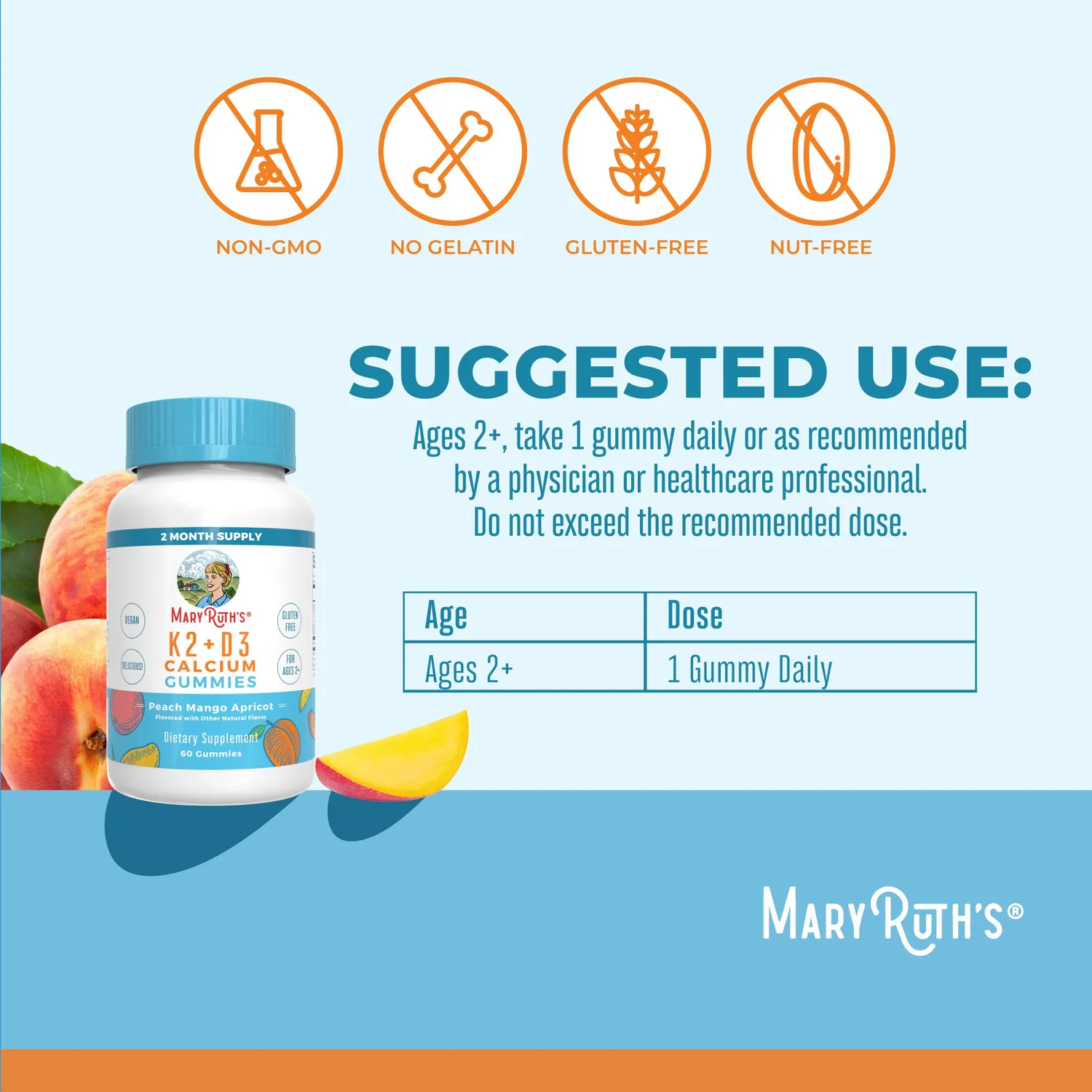 MaryRuth's K2+D3 kalsium gummies fersken 60 stk