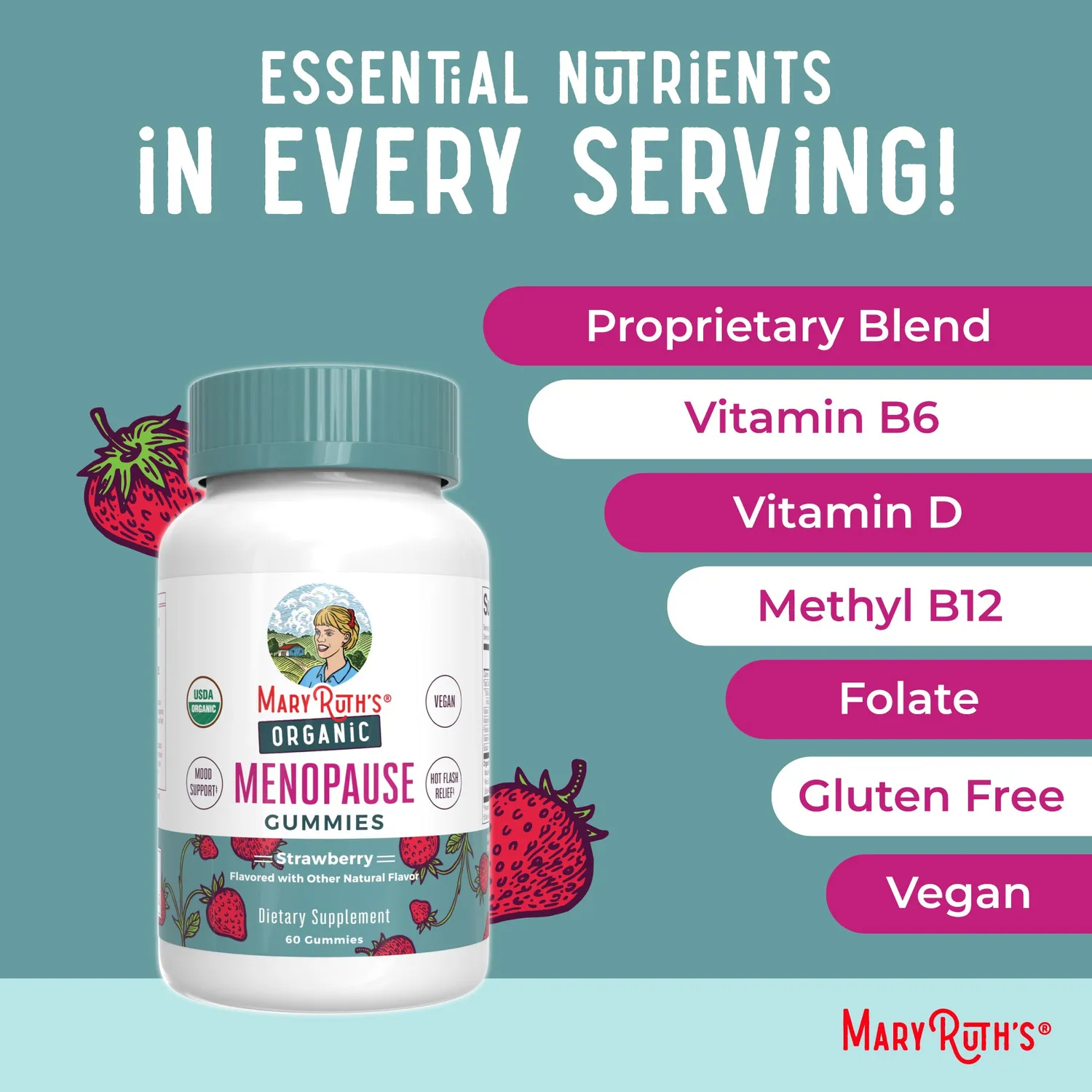 MaryRuth's Organic Menopause gummier jordbær for overgangsalder