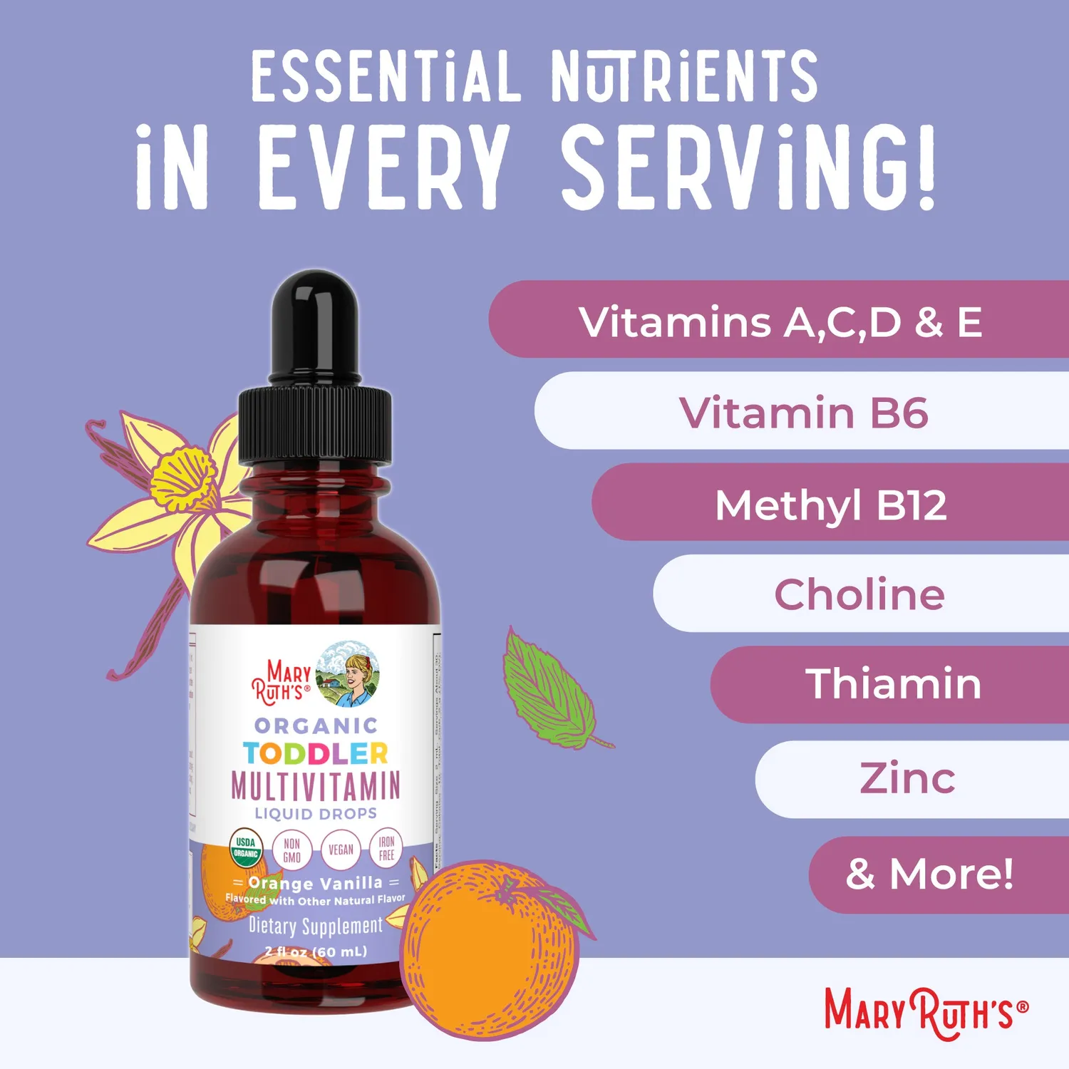 MaryRuth's Toddler multivitamindråper appelsin-vanilje 30 doser D3