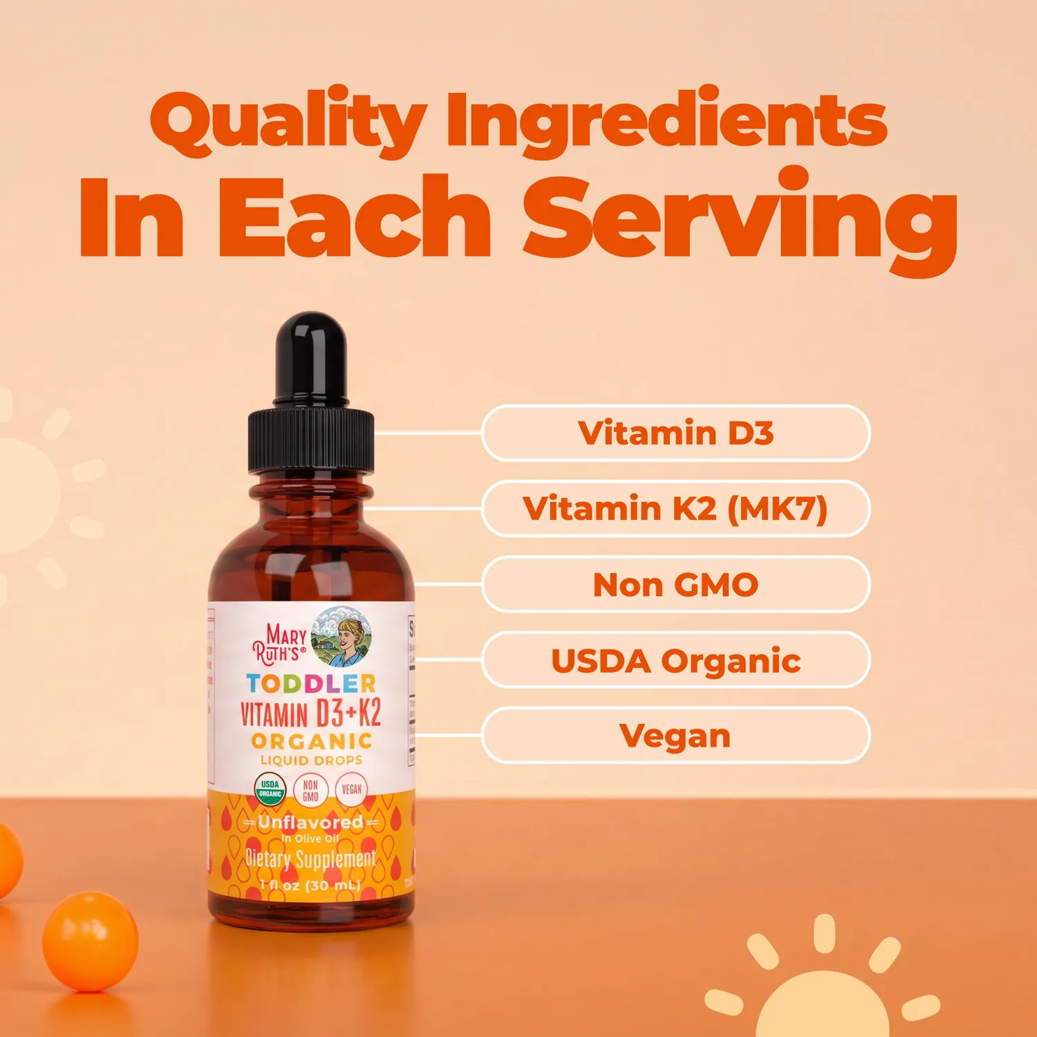 MaryRuth's Toddler D3+K2 vitamindråper 30 doser uten smak