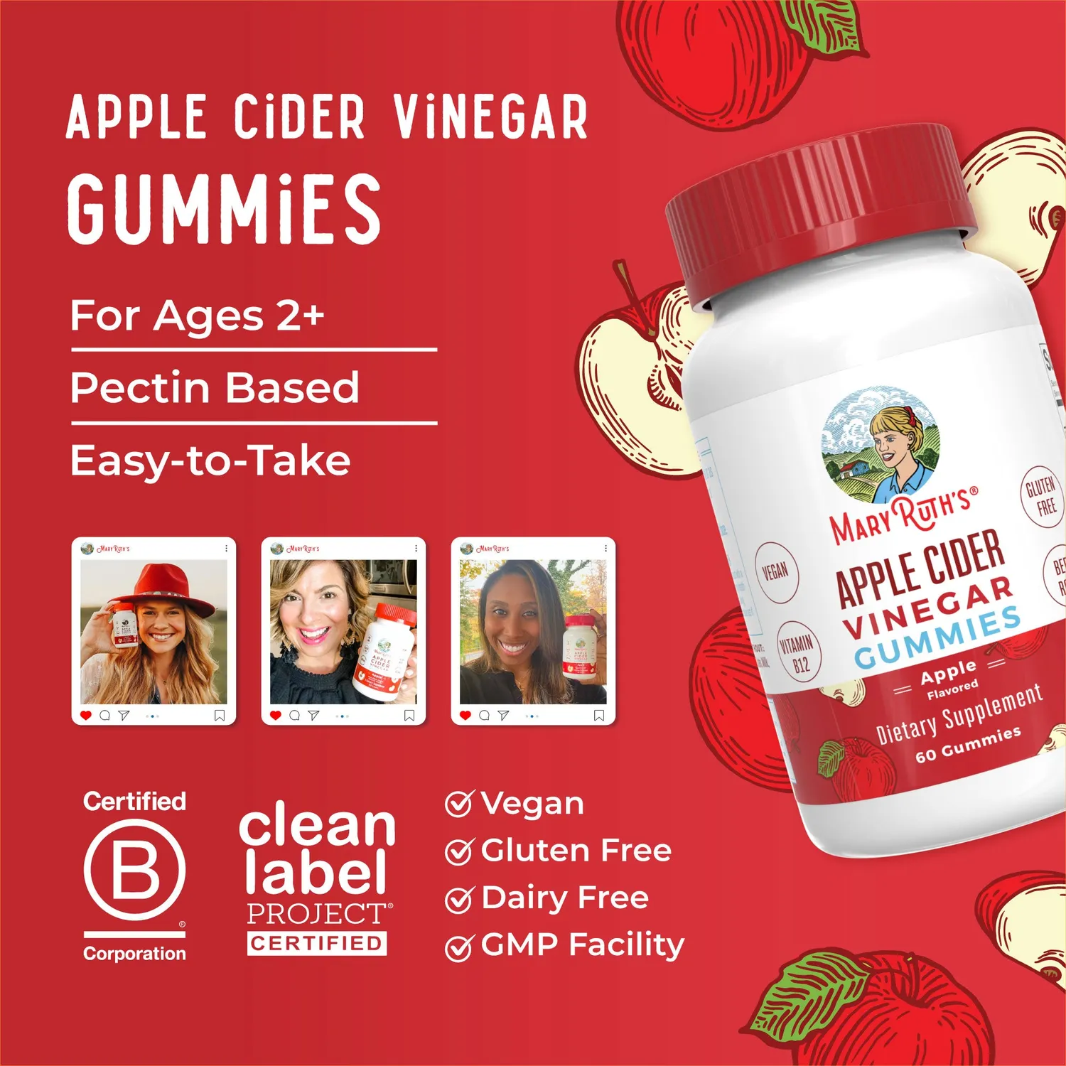 MaryRuth's Apple Cider Vinegar Gummies eple B12 500 mg
