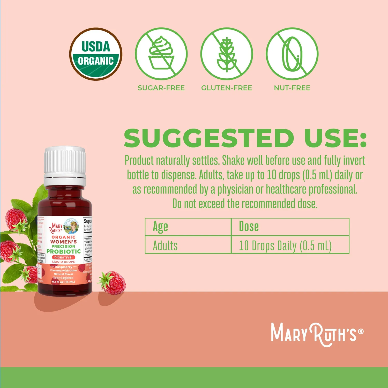 MaryRuth's Women's Probiotic dråper bringebær 4 stammer