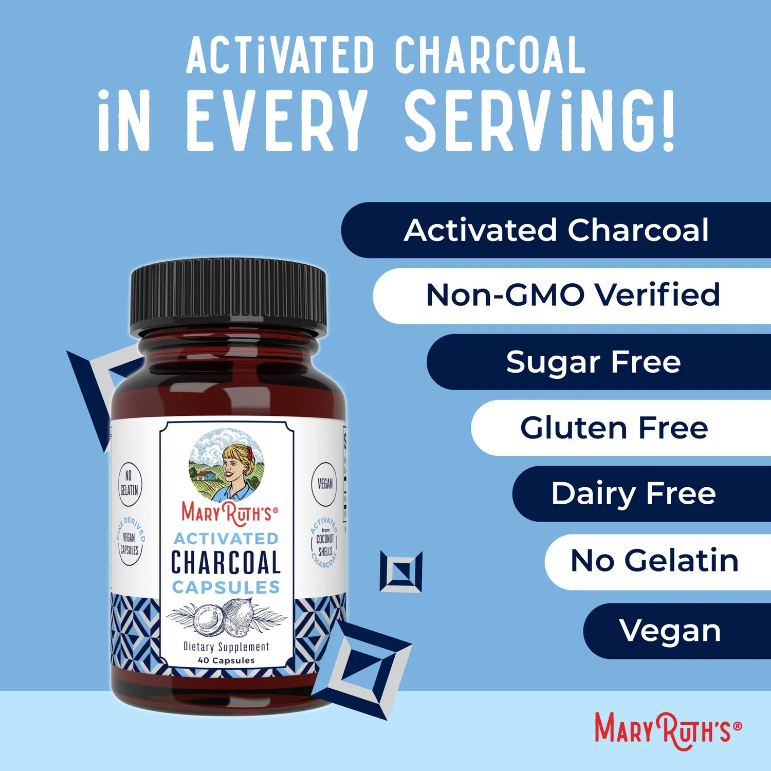 MaryRuth's Activated Charcoal kapsler kokos 20–40 doser