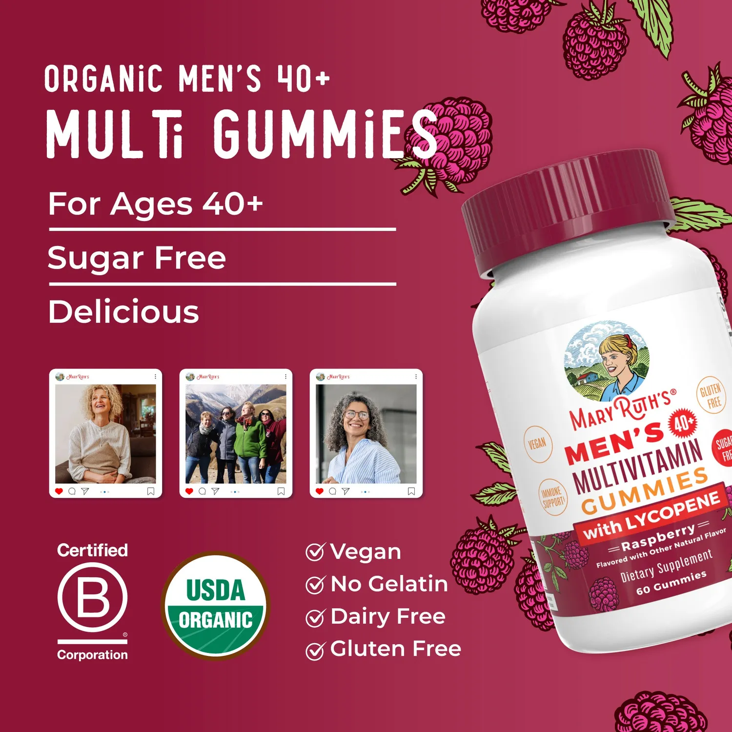 MaryRuth's Men's 40+ Multivitamin gummier bringebær prostata