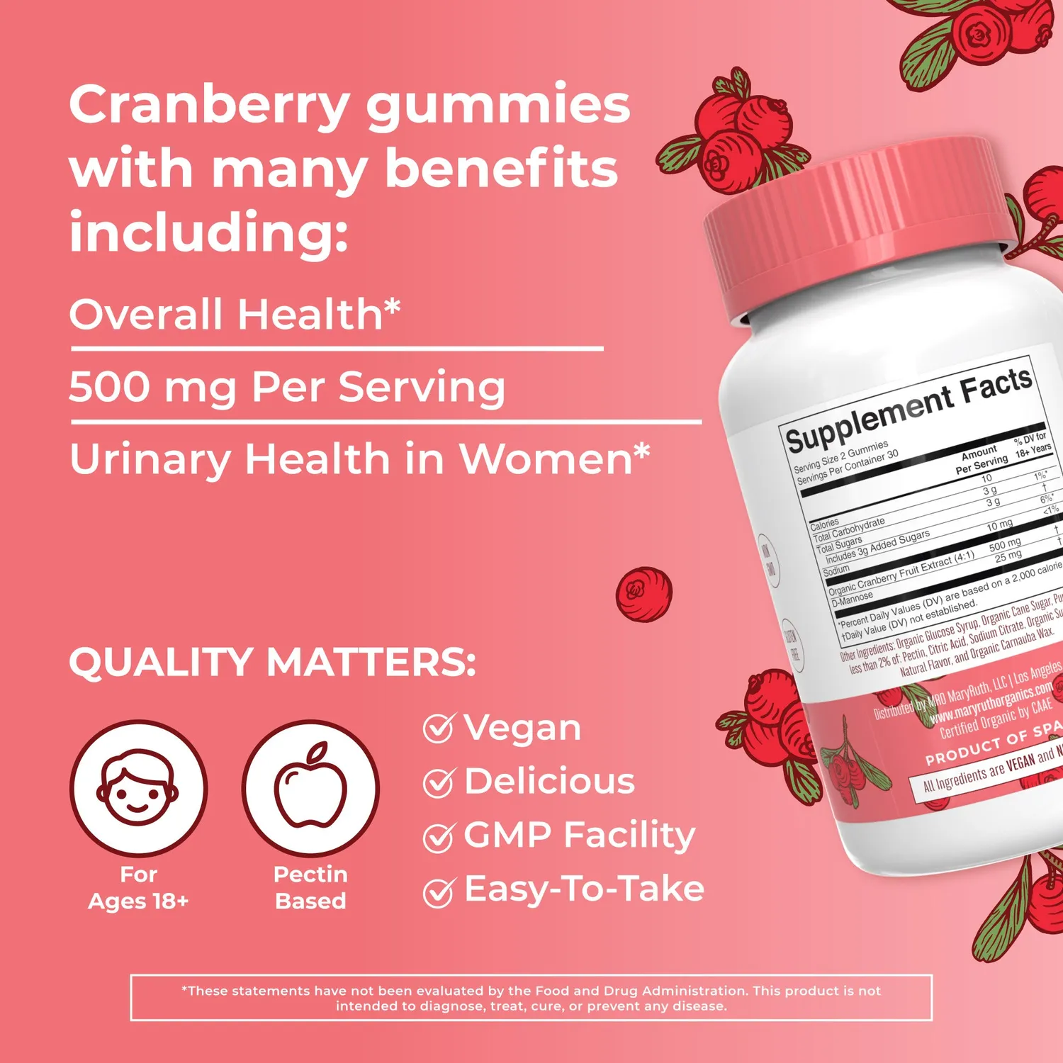 MaryRuth's Cranberry tranebær vingummi D-mannose