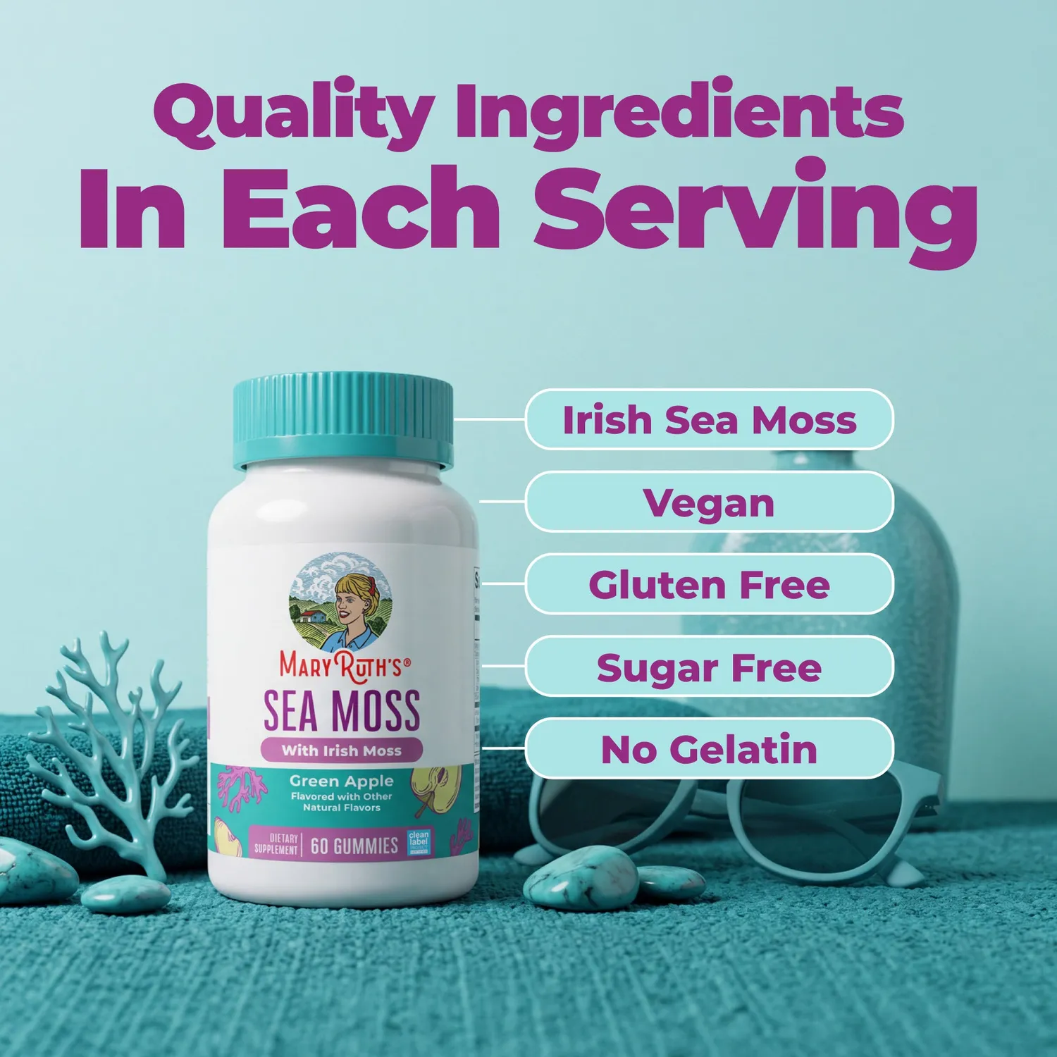 MaryRuth's Sea Moss gummies 60 stk grønt eple