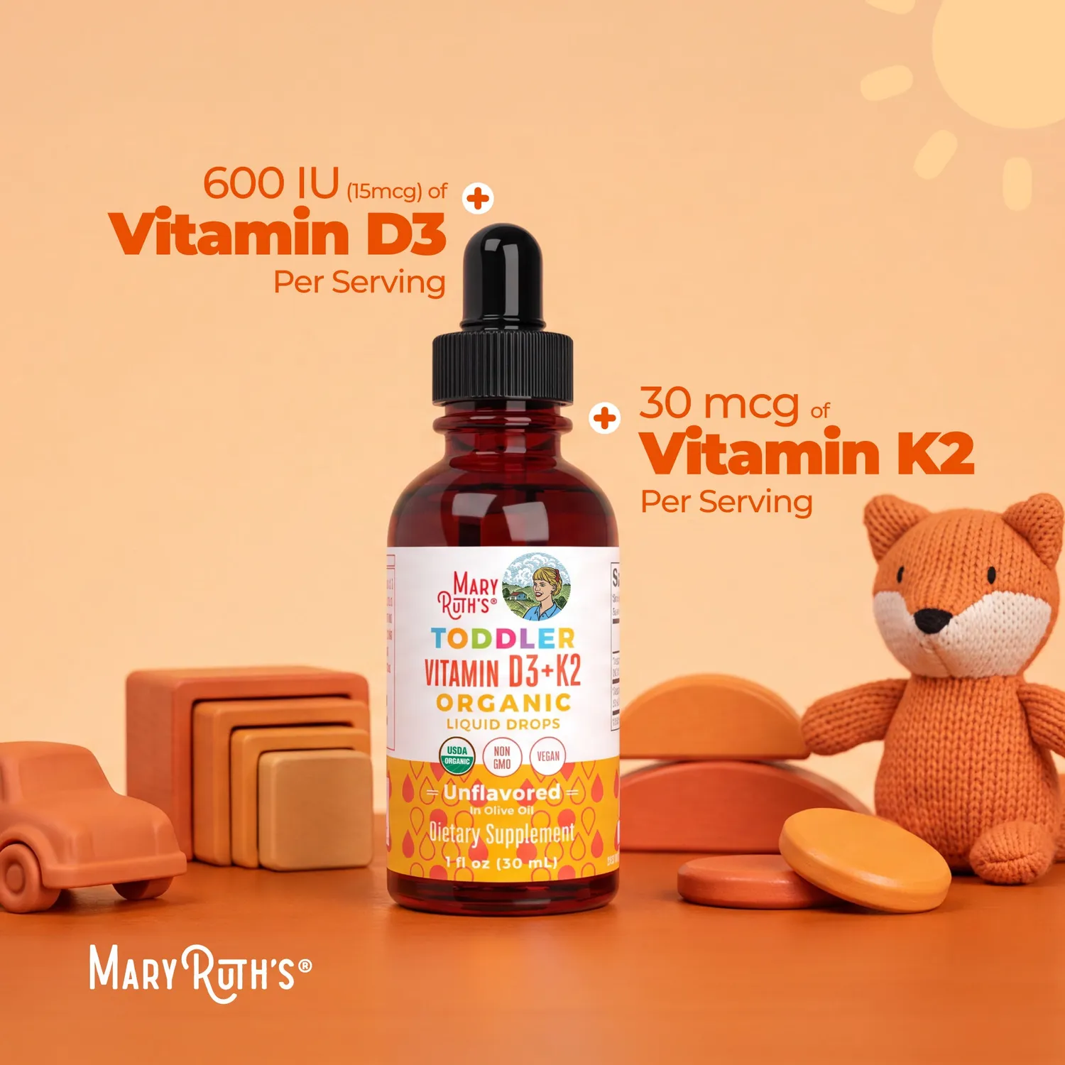 MaryRuth's Toddler D3+K2 vitamindråper 30 doser uten smak